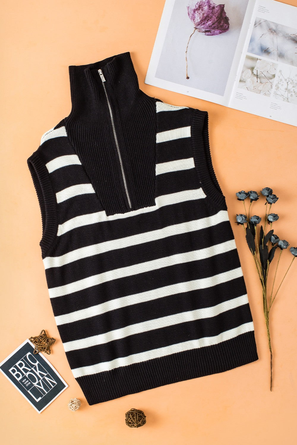 Striped Half Zip Sweater Vest-TOPS / DRESSES-[Adult]-[Female]-2022 Online Blue Zone Planet