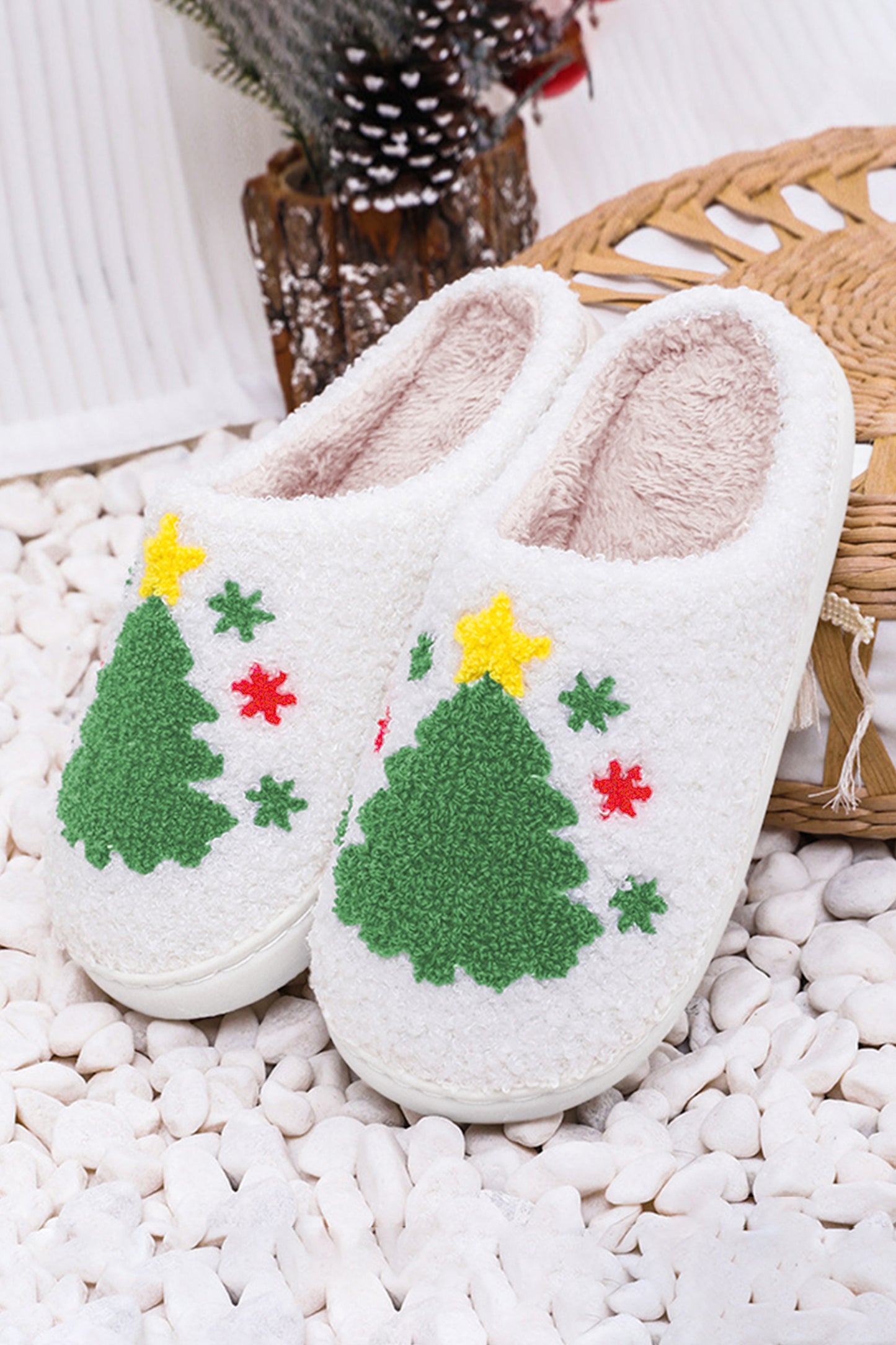 Blue Zone Planet | White Fuzzy Christmas Tree Pattern Home Slippers-Shoes & Bags/Slippers-[Adult]-[Female]-2022 Online Blue Zone Planet