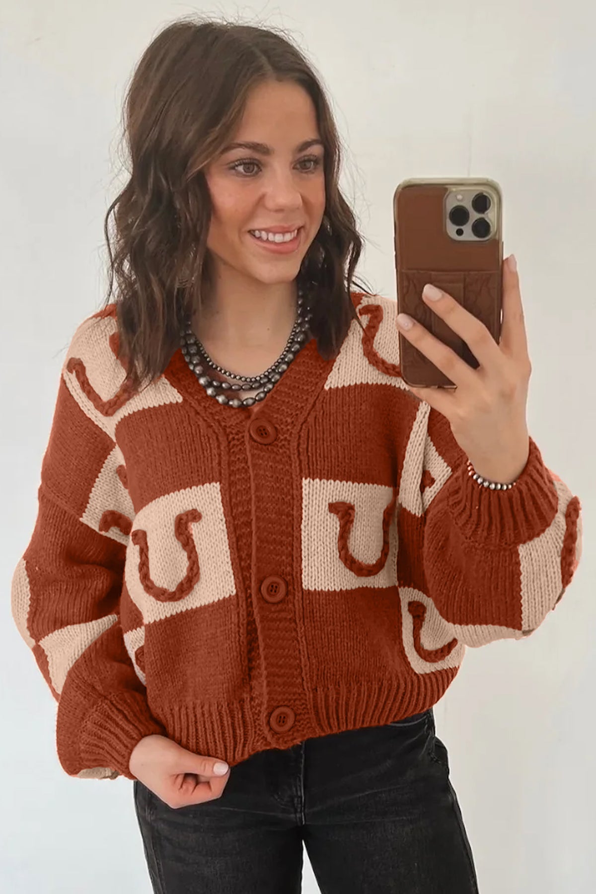 Brown Horseshoe Plaid V Neck Knit Button Front Sweater Cardigan-Sweaters & Cardigans/Cardigans-[Adult]-[Female]-2022 Online Blue Zone Planet