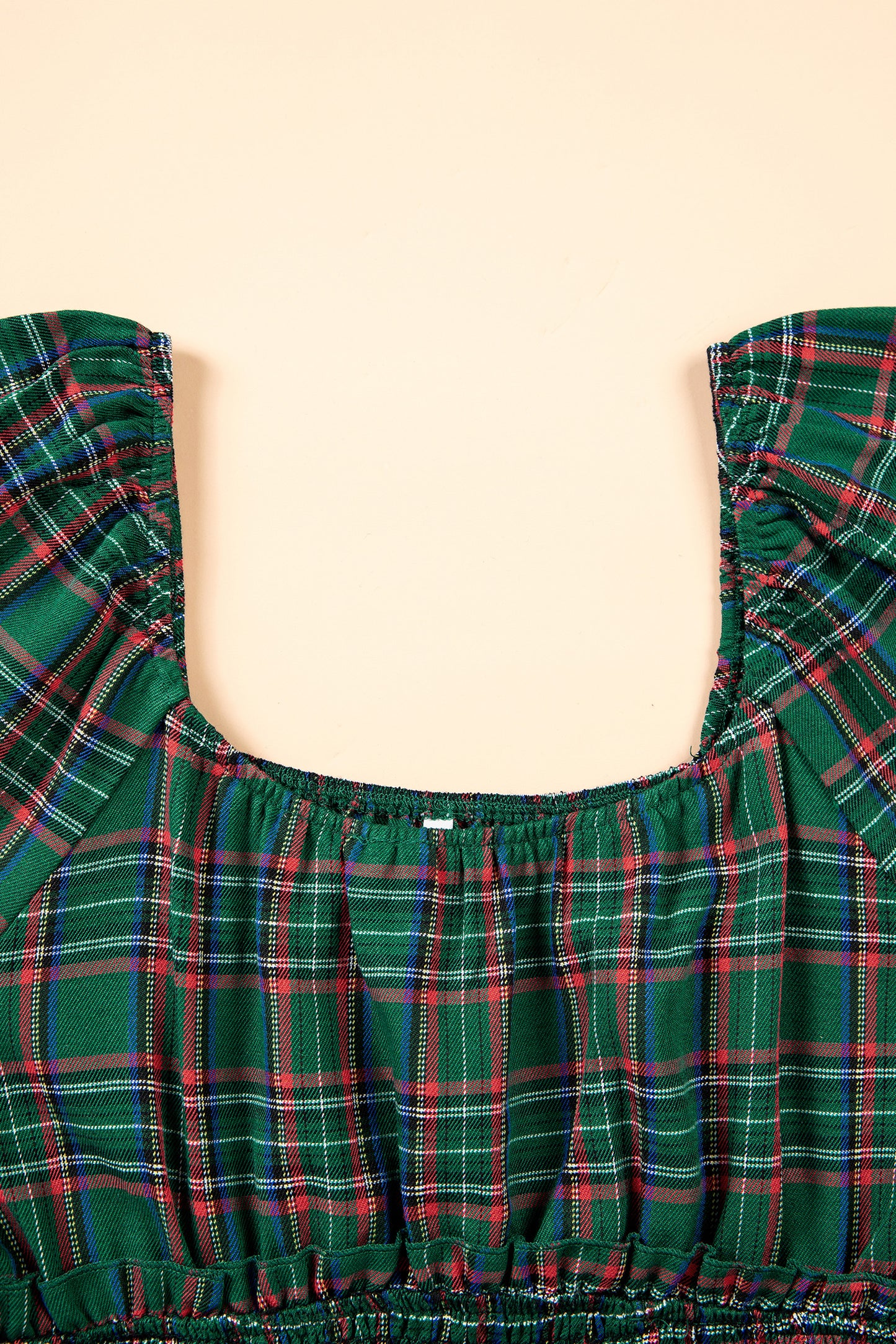 Green Plaid Shirred U Neck Short Sleeve Mini Dress-TOPS / DRESSES-[Adult]-[Female]-2022 Online Blue Zone Planet