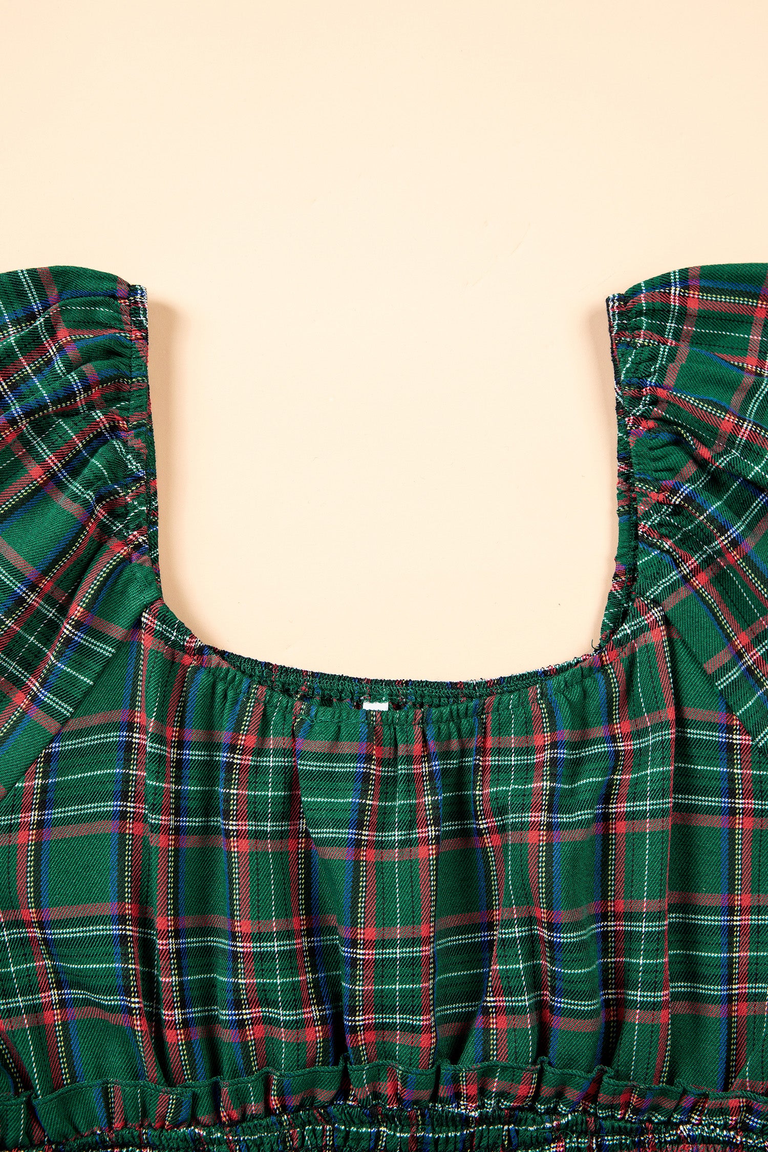 Green Plaid Shirred U Neck Short Sleeve Mini Dress-TOPS / DRESSES-[Adult]-[Female]-2022 Online Blue Zone Planet