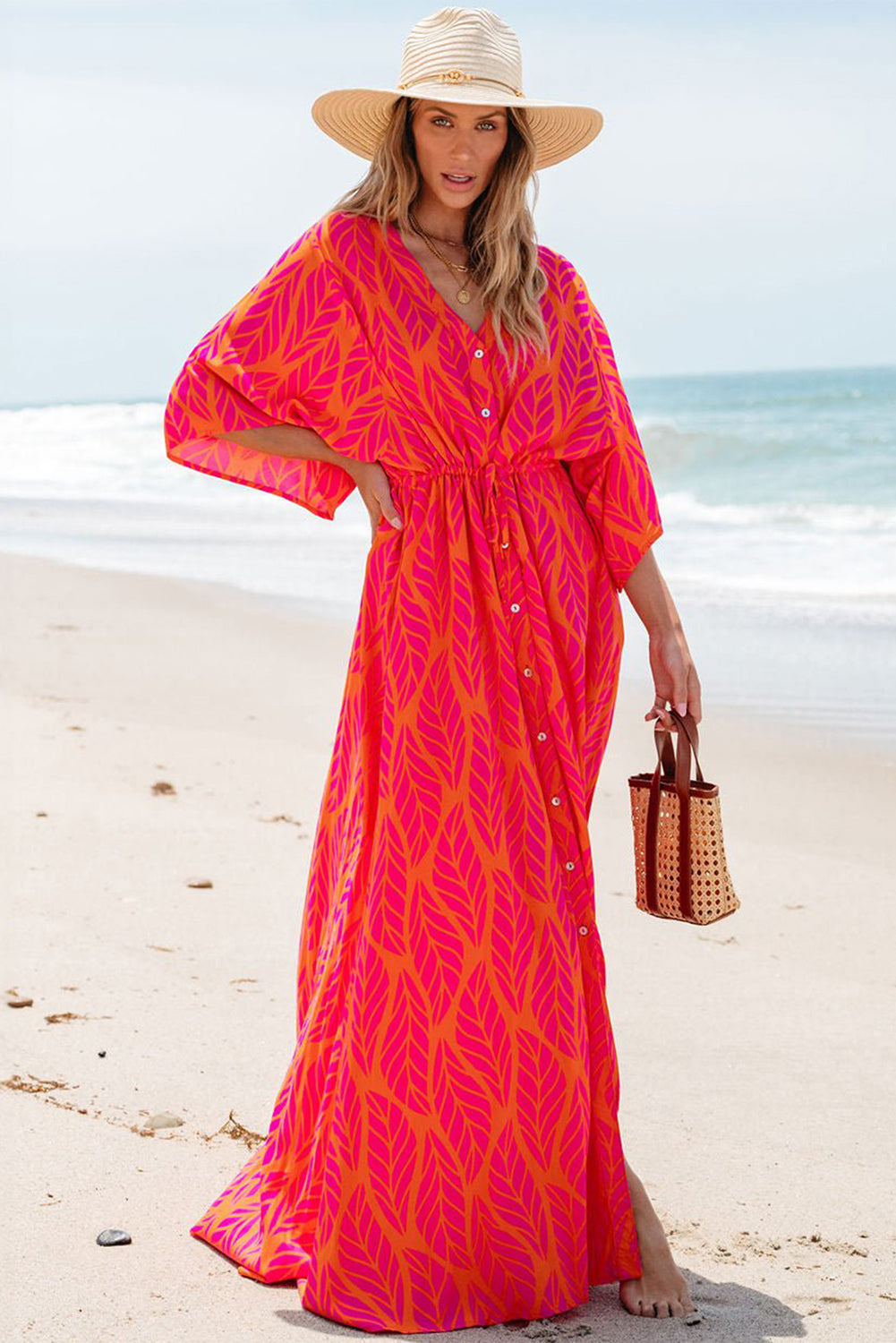 Blue Zone Planet | Orange Leafy Print 3/4 Sleeve V Neck Buttoned Split Maxi Dress-TOPS / DRESSES-[Adult]-[Female]-2022 Online Blue Zone Planet