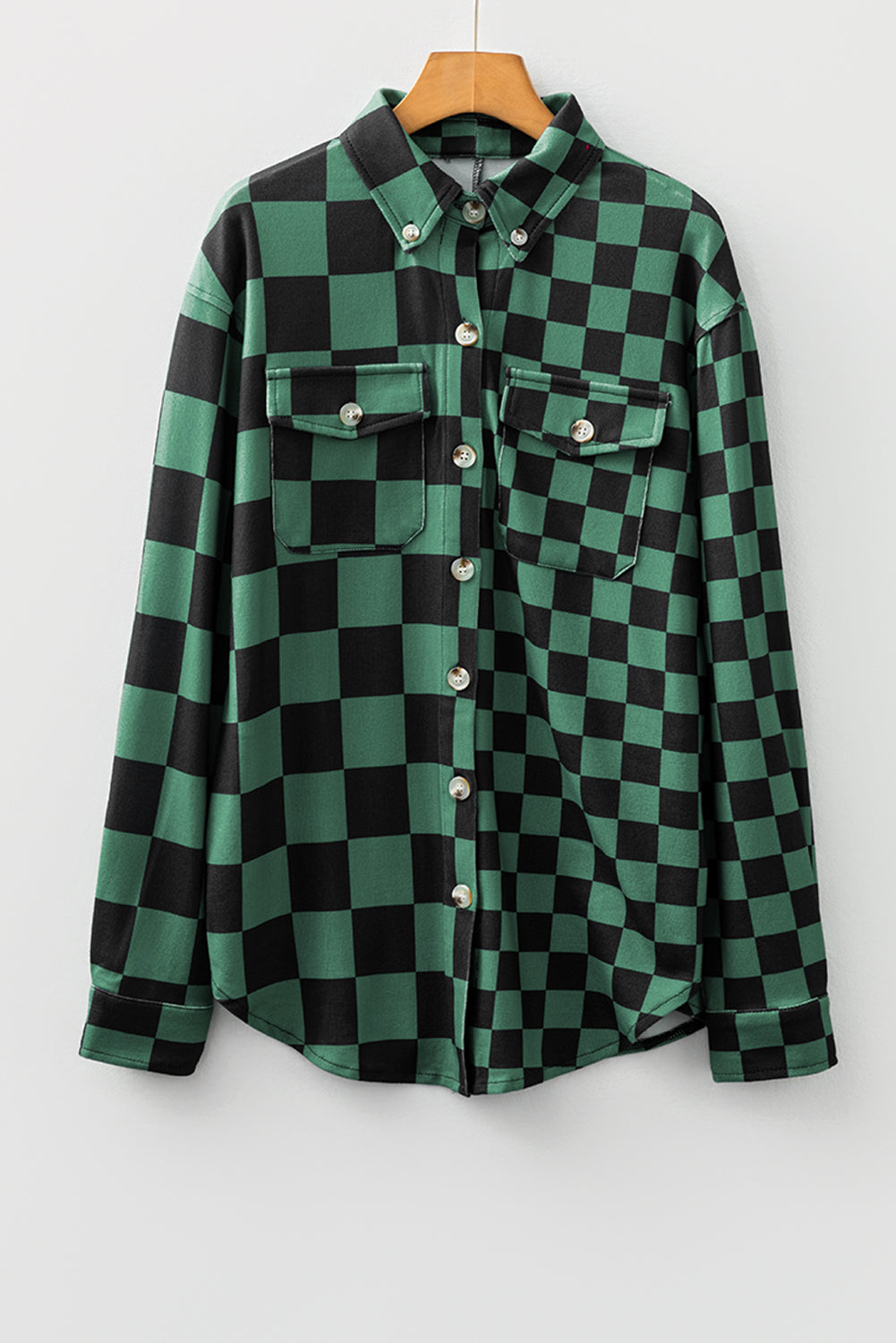 Green Checkerboard Flap Pocket Button Front Shacket-Outerwear/Plaid Shackets-[Adult]-[Female]-2022 Online Blue Zone Planet