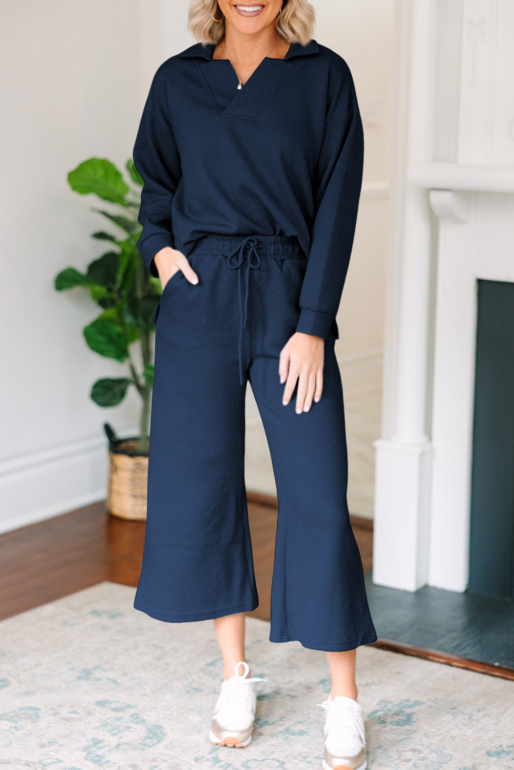 Textured Collared Neck Top and Wide Leg Pants Set-TOPS / DRESSES-[Adult]-[Female]-Navy-S-2022 Online Blue Zone Planet