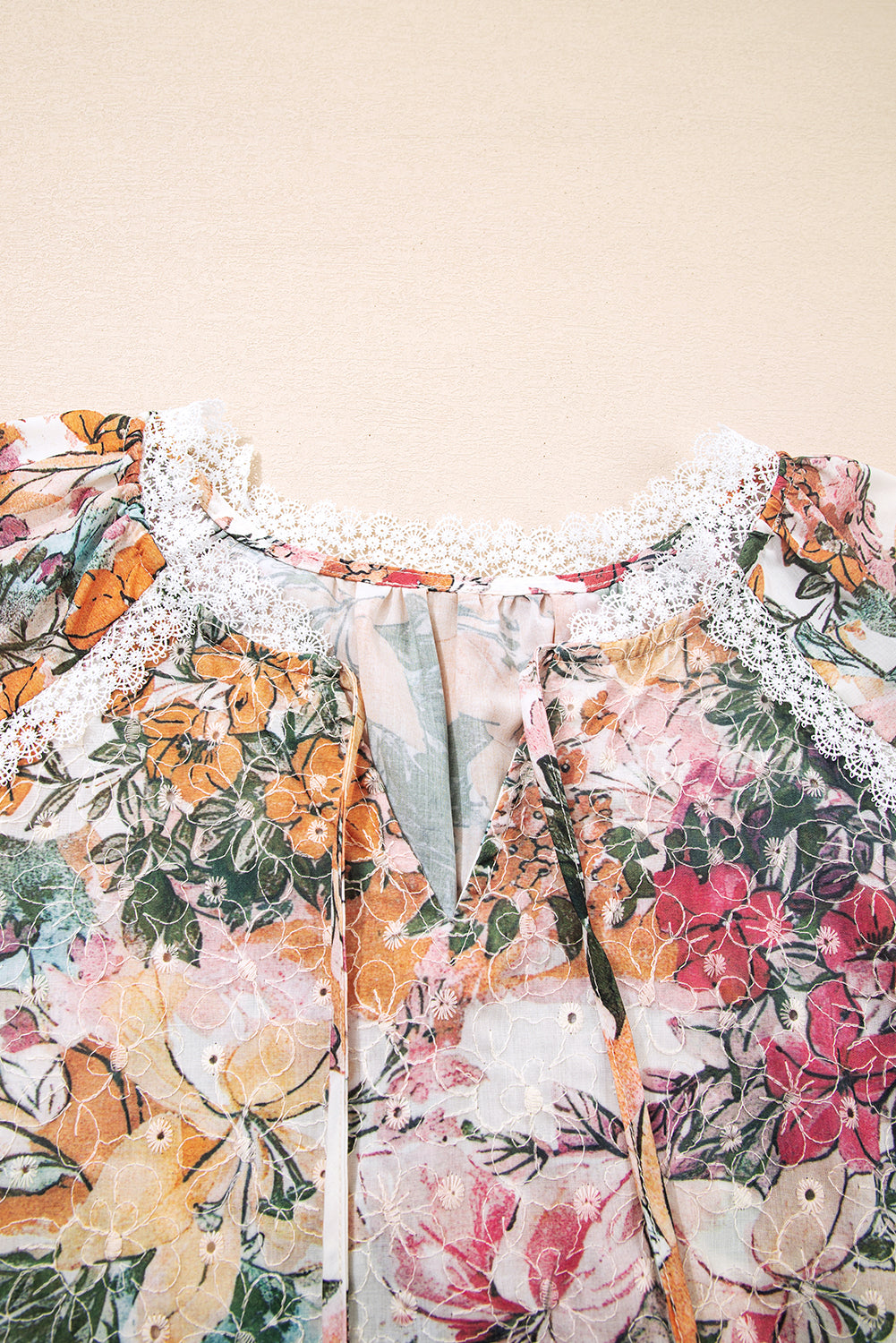 Pink Floral Print Lace Embroidery Tie Split Neck Long Sleeve Blouse-Tops/Blouses & Shirts-[Adult]-[Female]-2022 Online Blue Zone Planet