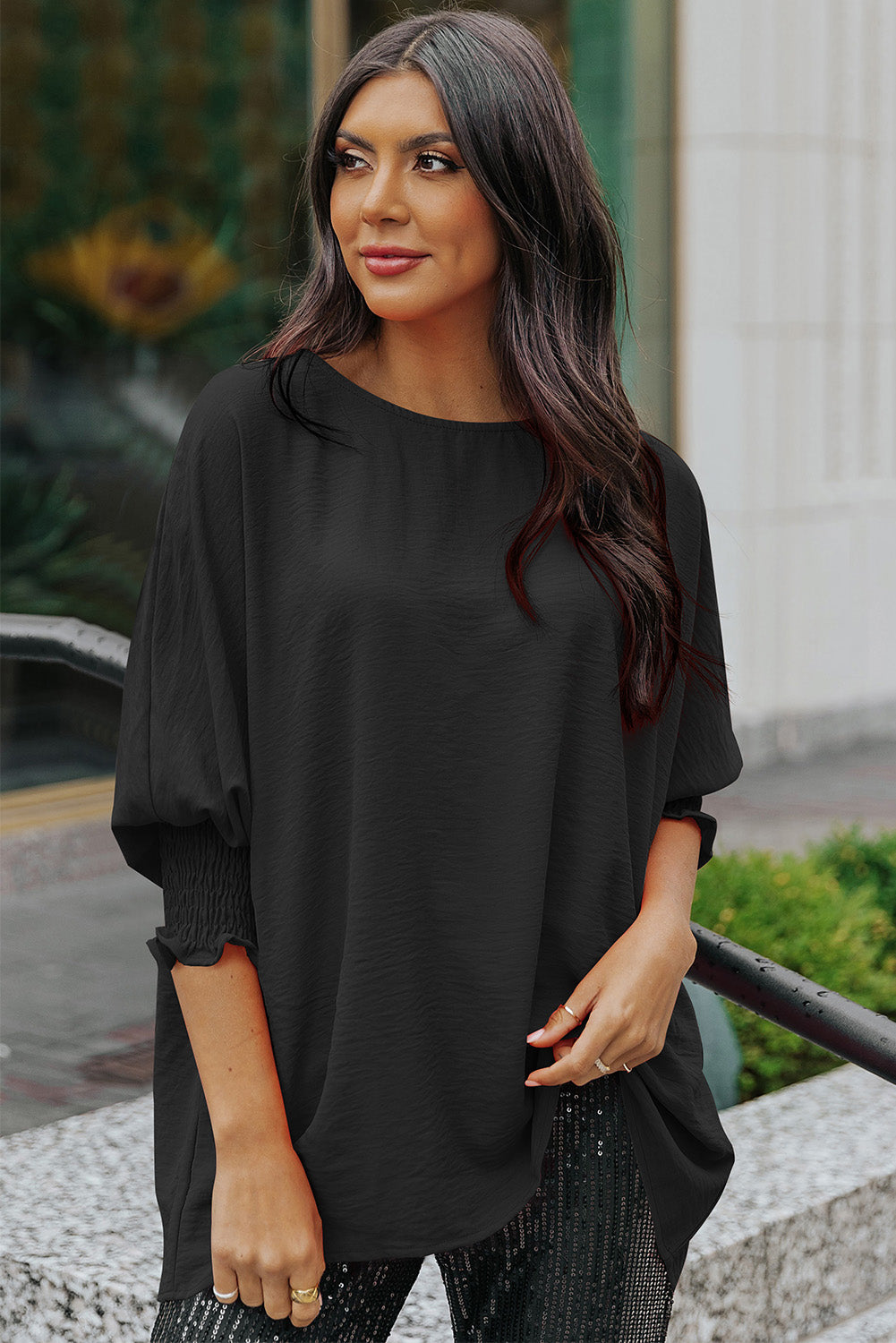 Black Plain Batwing Sleeve Business Casual Blouse for Women-Shirts & Blouses-[Adult]-[Female]-2022 Online Blue Zone Planet