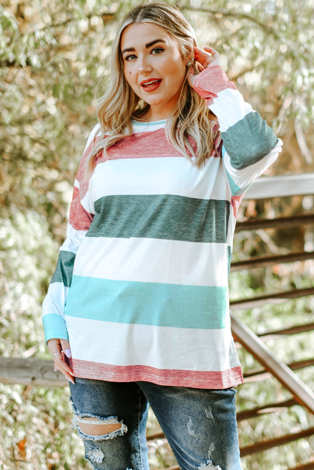 Green Plus Size Colorblock Pullover Top-Plus Size/Plus Size Tops/Plus Size Long Sleeve Tops-[Adult]-[Female]-2022 Online Blue Zone Planet