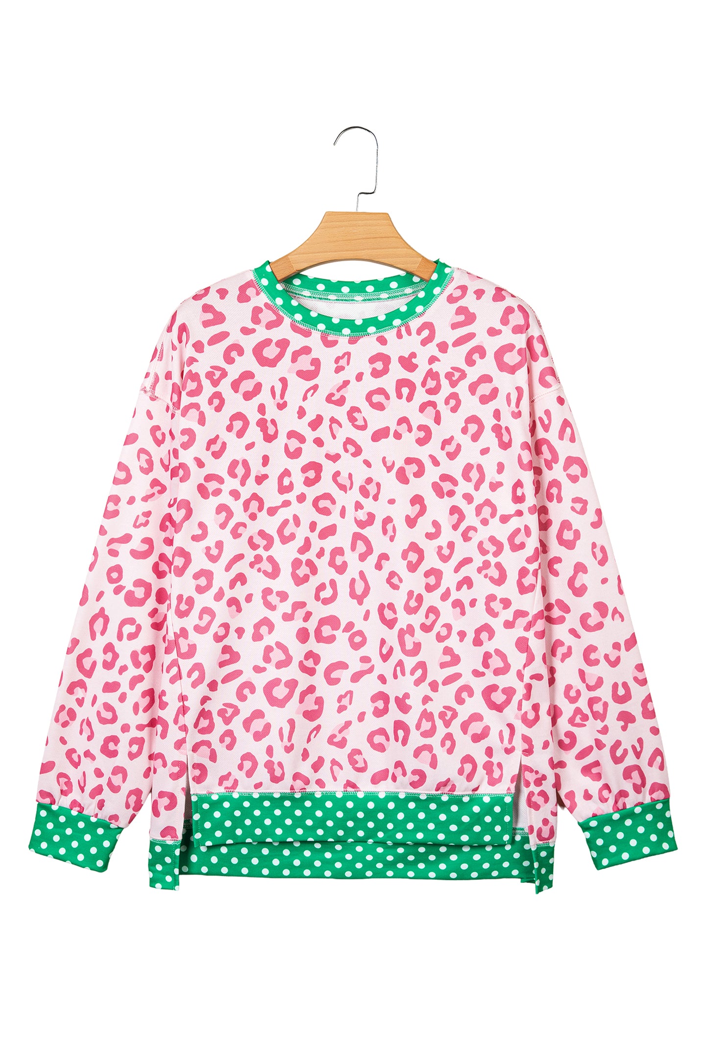 Pink Leopard Polka Dot Colorblock Trim Long Sleeve Top-Tops/Long Sleeve Tops-[Adult]-[Female]-2022 Online Blue Zone Planet