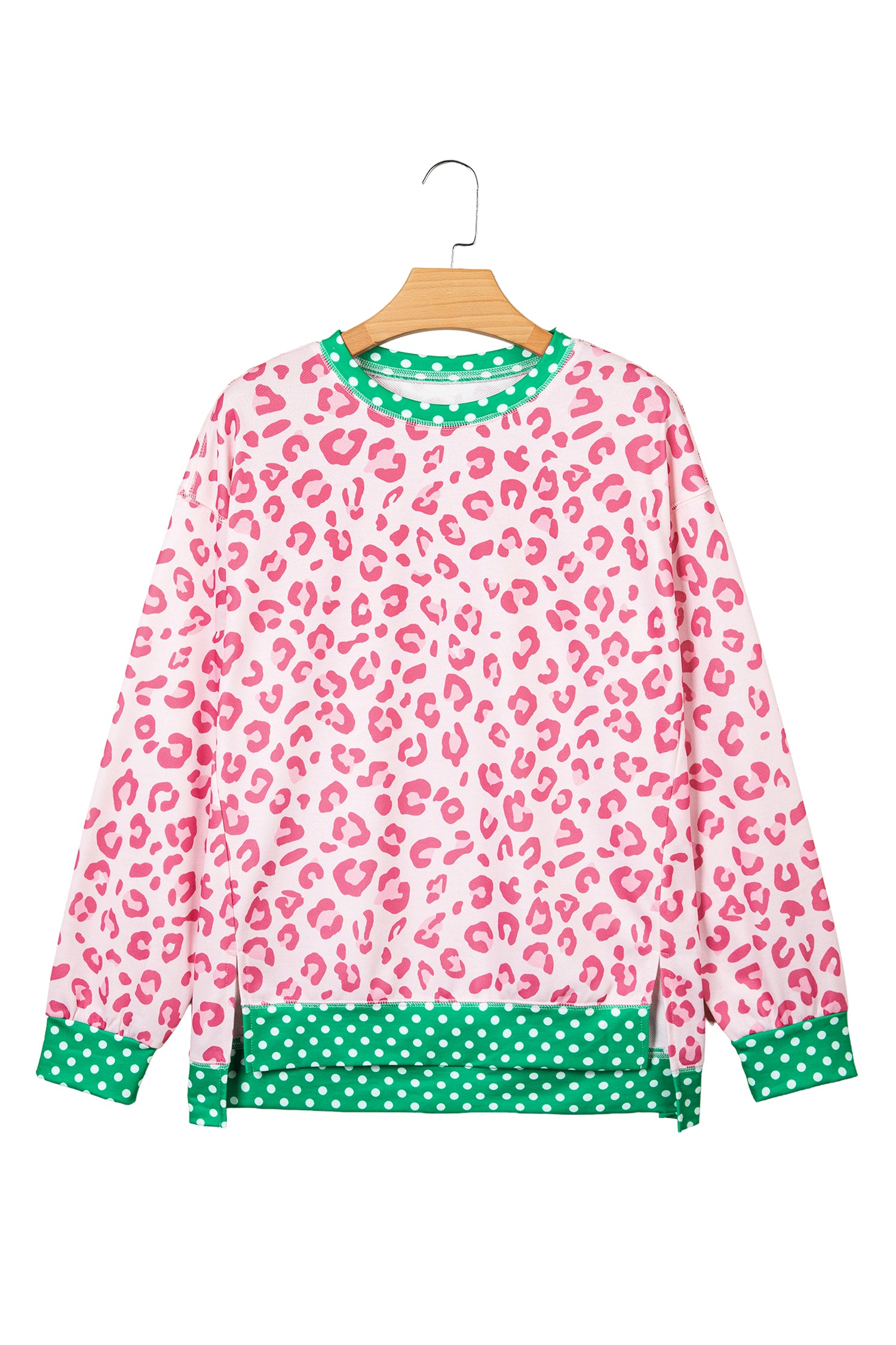 Pink Leopard Polka Dot Colorblock Trim Long Sleeve Top-Tops/Long Sleeve Tops-[Adult]-[Female]-2022 Online Blue Zone Planet