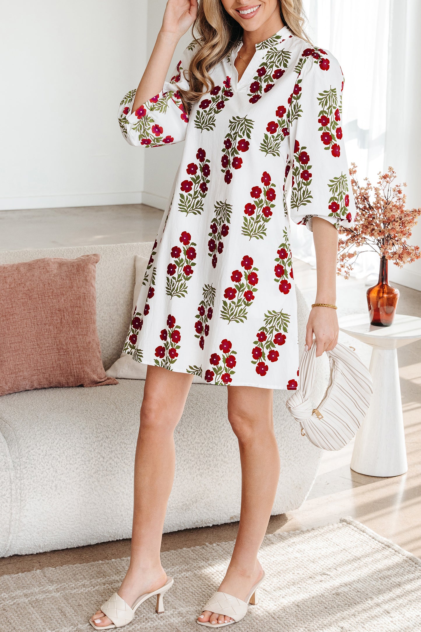 White Floral Print V Neck 3/4 Sleeve Loose Mini Dress-TOPS / DRESSES-[Adult]-[Female]-2022 Online Blue Zone Planet