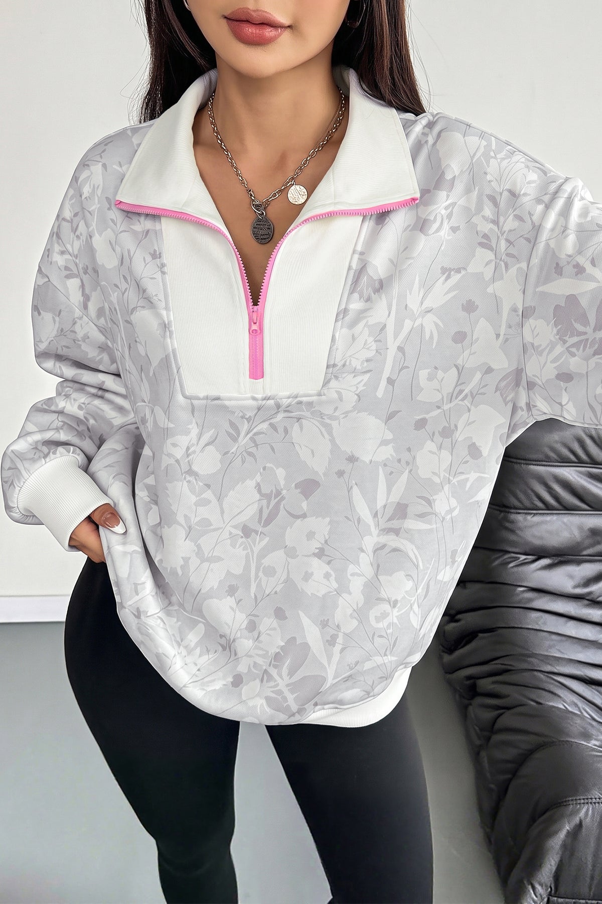 Gray Floral Print Quarter Zip Stand Neck Long Sleeve Sweatshirt-Tops/Sweatshirts & Hoodies-[Adult]-[Female]-2022 Online Blue Zone Planet