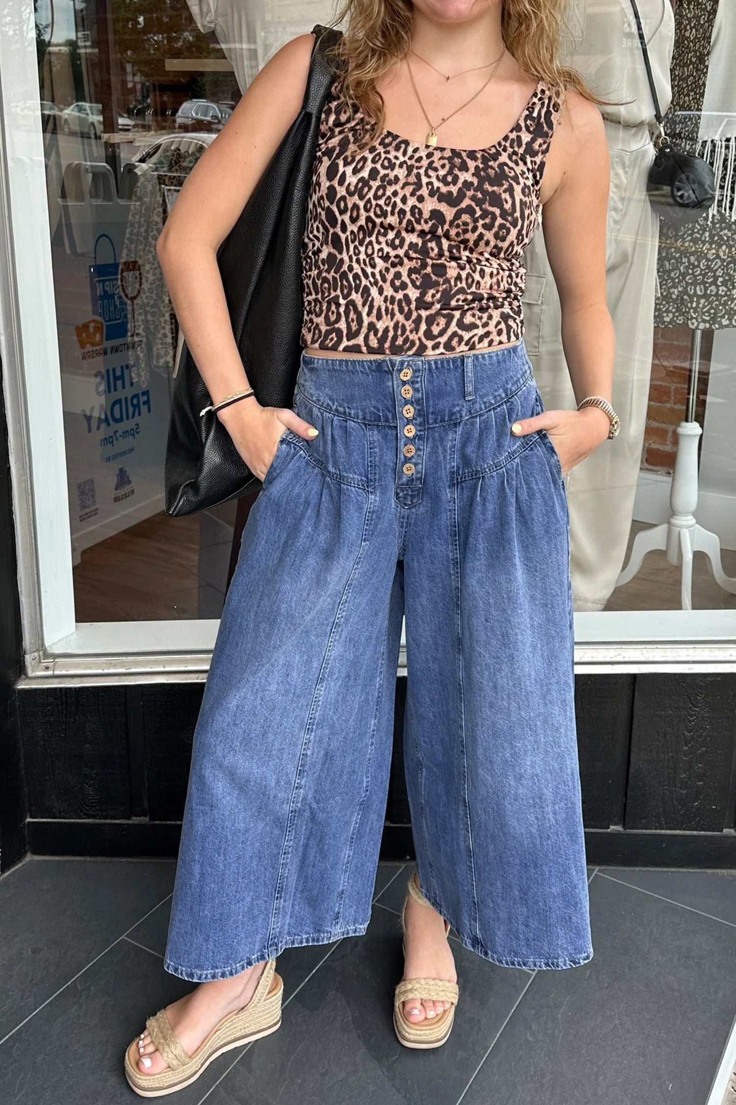 Dusk Blue High Rise Buttons Pleated Cropped Wide Leg Denim Pants-Bottoms/Jeans-[Adult]-[Female]-2022 Online Blue Zone Planet