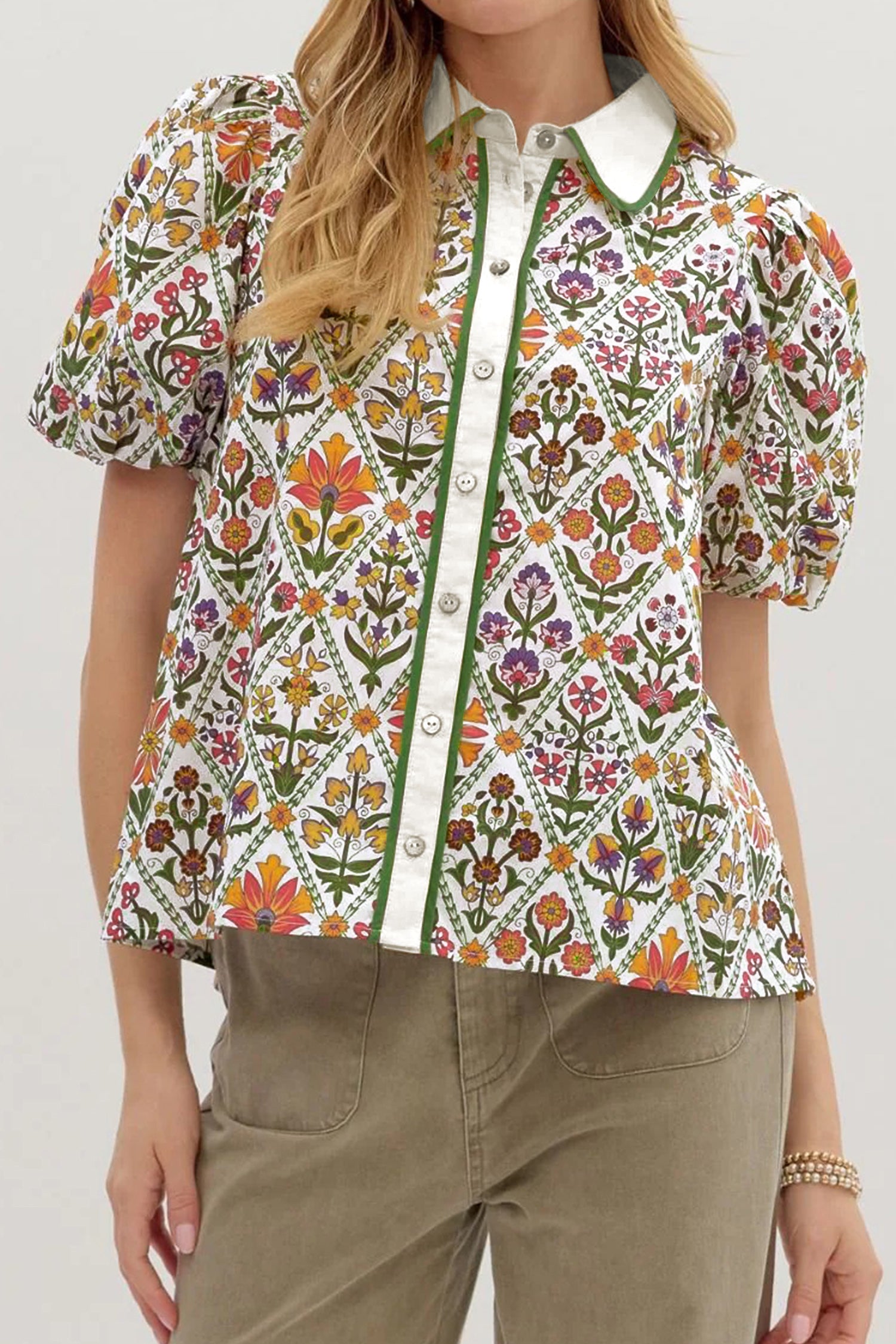 Green Short Bubble Sleeve Floral Shirt-Tops/Blouses & Shirts-[Adult]-[Female]-2022 Online Blue Zone Planet
