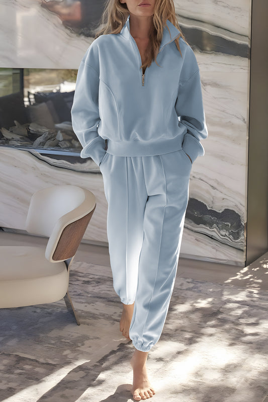 Sky Blue Half Zip up Pullover Active Top and Joggers Set-Activewear/Activewear Sets-[Adult]-[Female]-Sky Blue-S-2022 Online Blue Zone Planet