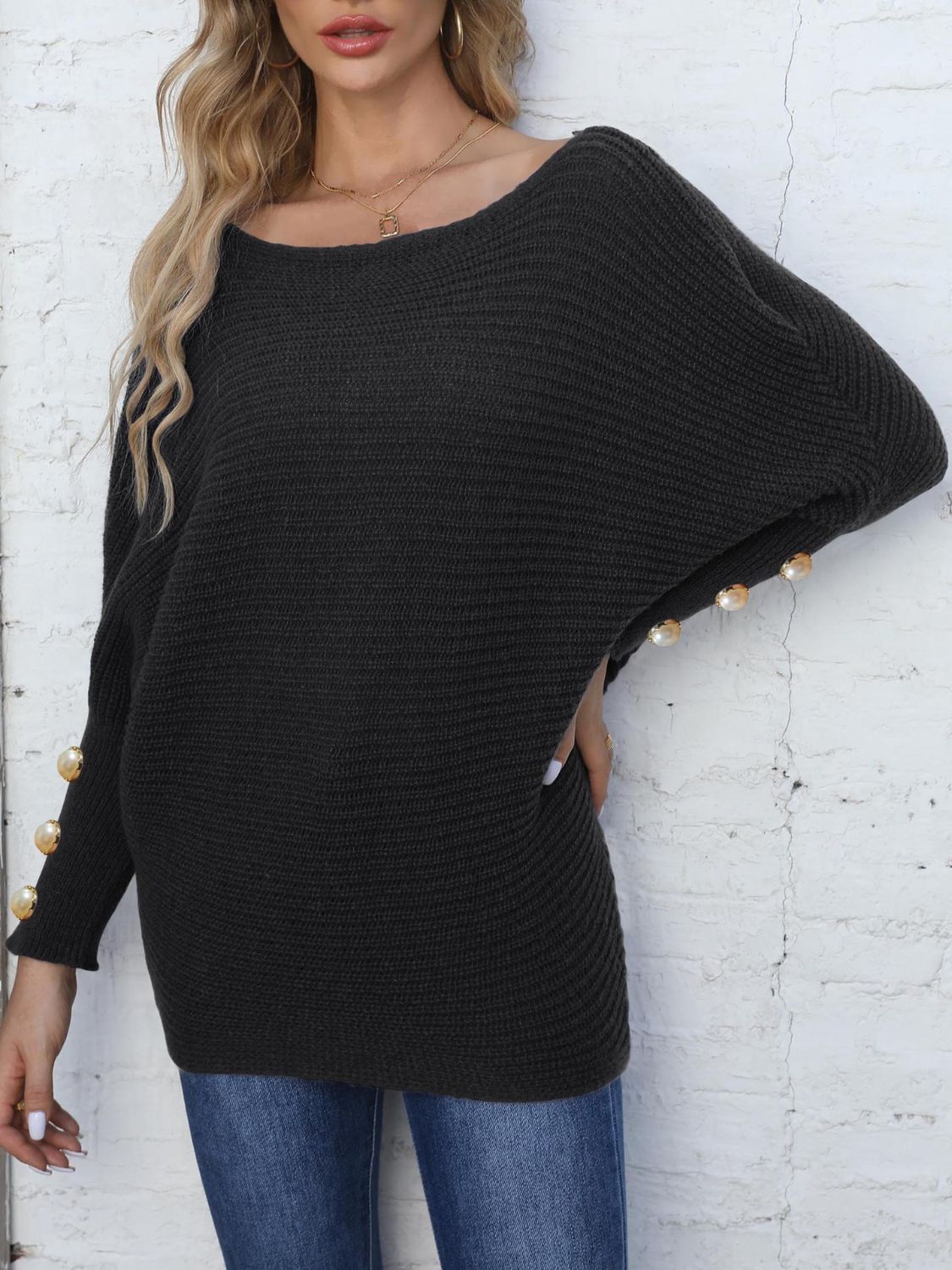 Full Size Boat Neck Long Sleeve Sweater-TOPS / DRESSES-[Adult]-[Female]-2022 Online Blue Zone Planet