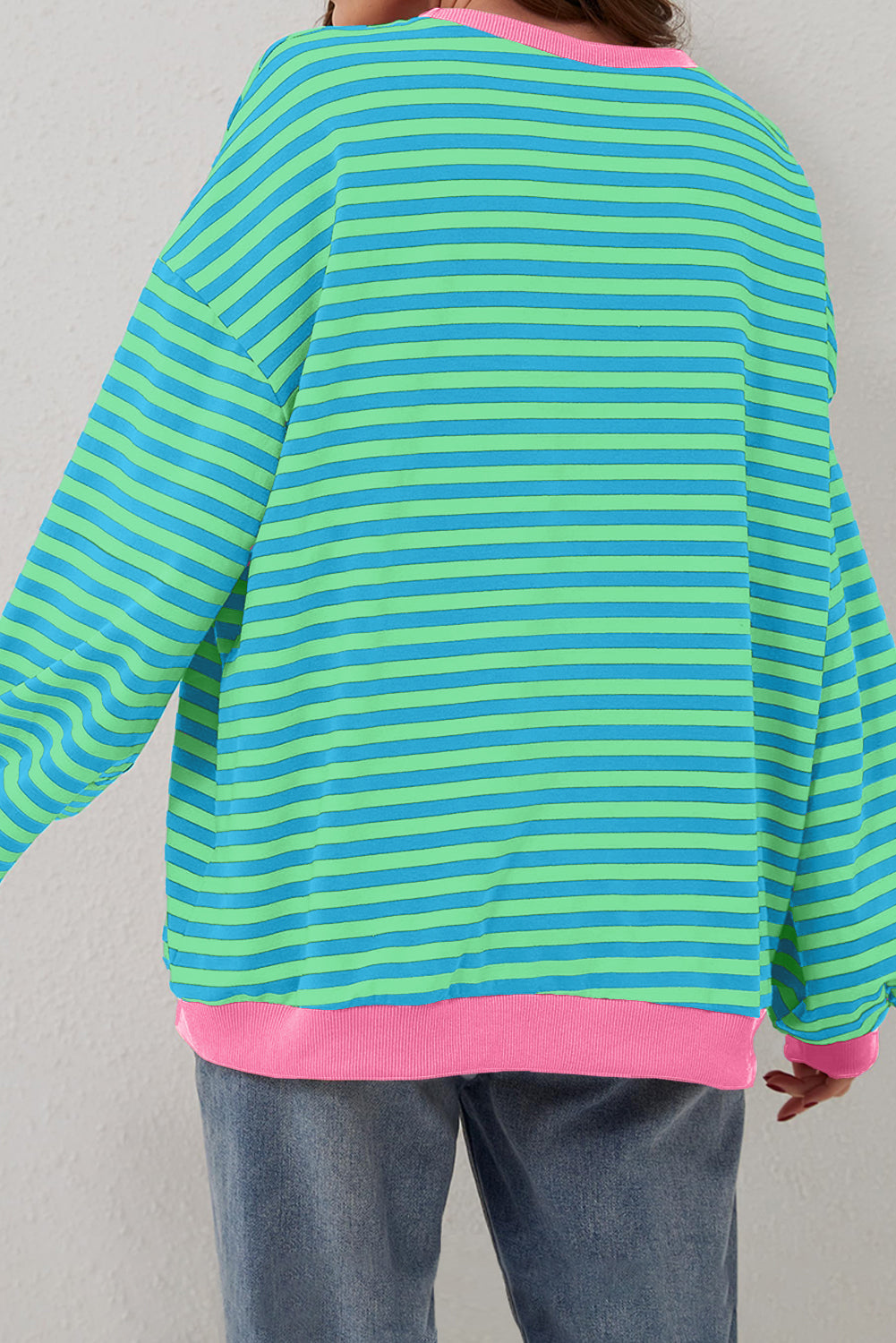 Sky Blue Stripe Oversized Contrast Trim Pullover Sweatshirt-Tops/Sweatshirts & Hoodies-[Adult]-[Female]-2022 Online Blue Zone Planet