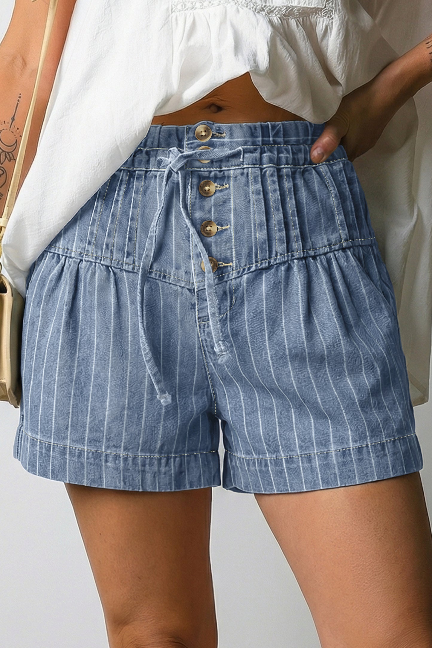 Sky Blue Stripe Drawstring Button Pleated High Waist Denim Shorts-Bottoms/Denim Shorts-[Adult]-[Female]-Sky Blue Stripe-4-2022 Online Blue Zone Planet