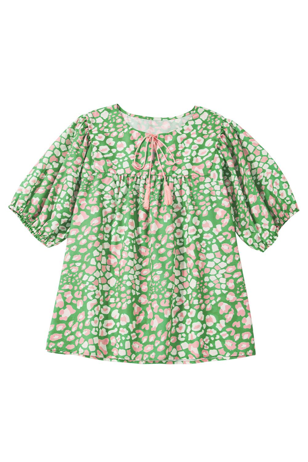 Green Plus Size Floral Tassel Tie Split Neck Puff Sleeve Blouse-Plus Size/Plus Size Tops/Plus Size Blouses & Shirts-[Adult]-[Female]-2022 Online Blue Zone Planet