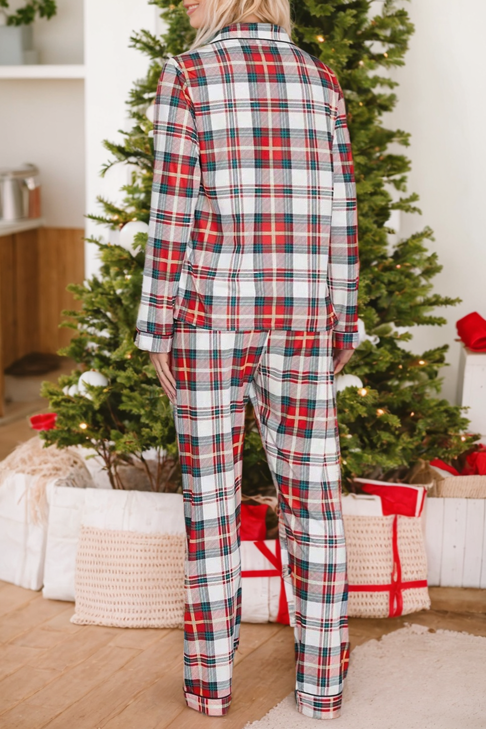 Red Christmas Plaid Print Two Piece Long Sleeve Pajamas Set-Loungewear & Sleepwear/Sleepwear-[Adult]-[Female]-2022 Online Blue Zone Planet