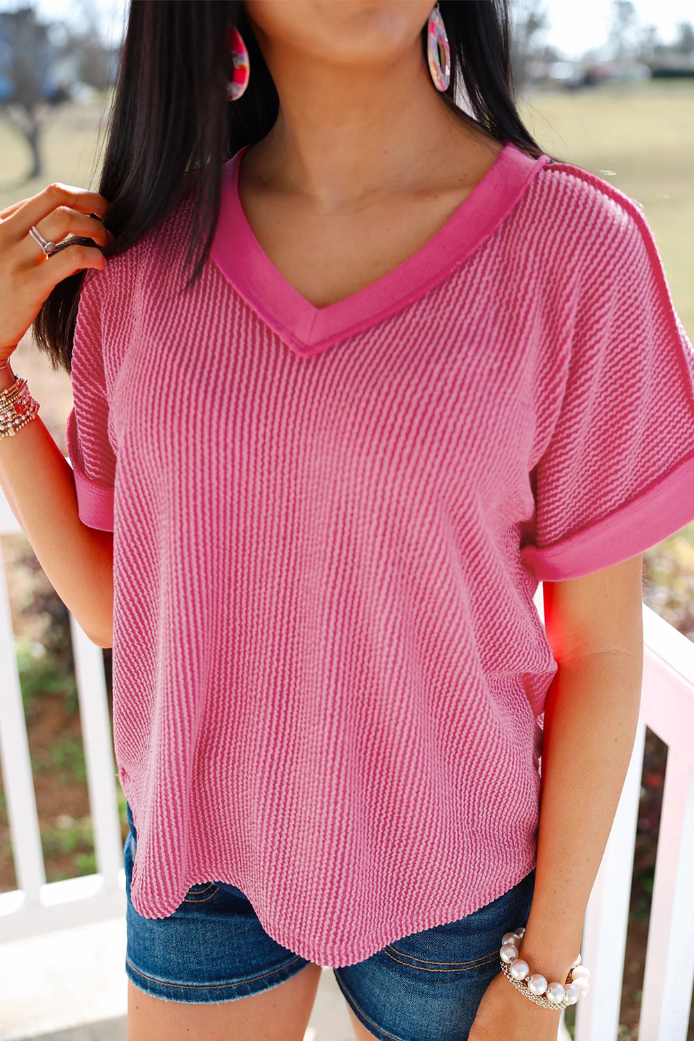 Rose Red Twisted Ribbed Knit V Neck Casual Tee-Tops/Tops & Tees-[Adult]-[Female]-Rose Red-S-2022 Online Blue Zone Planet
