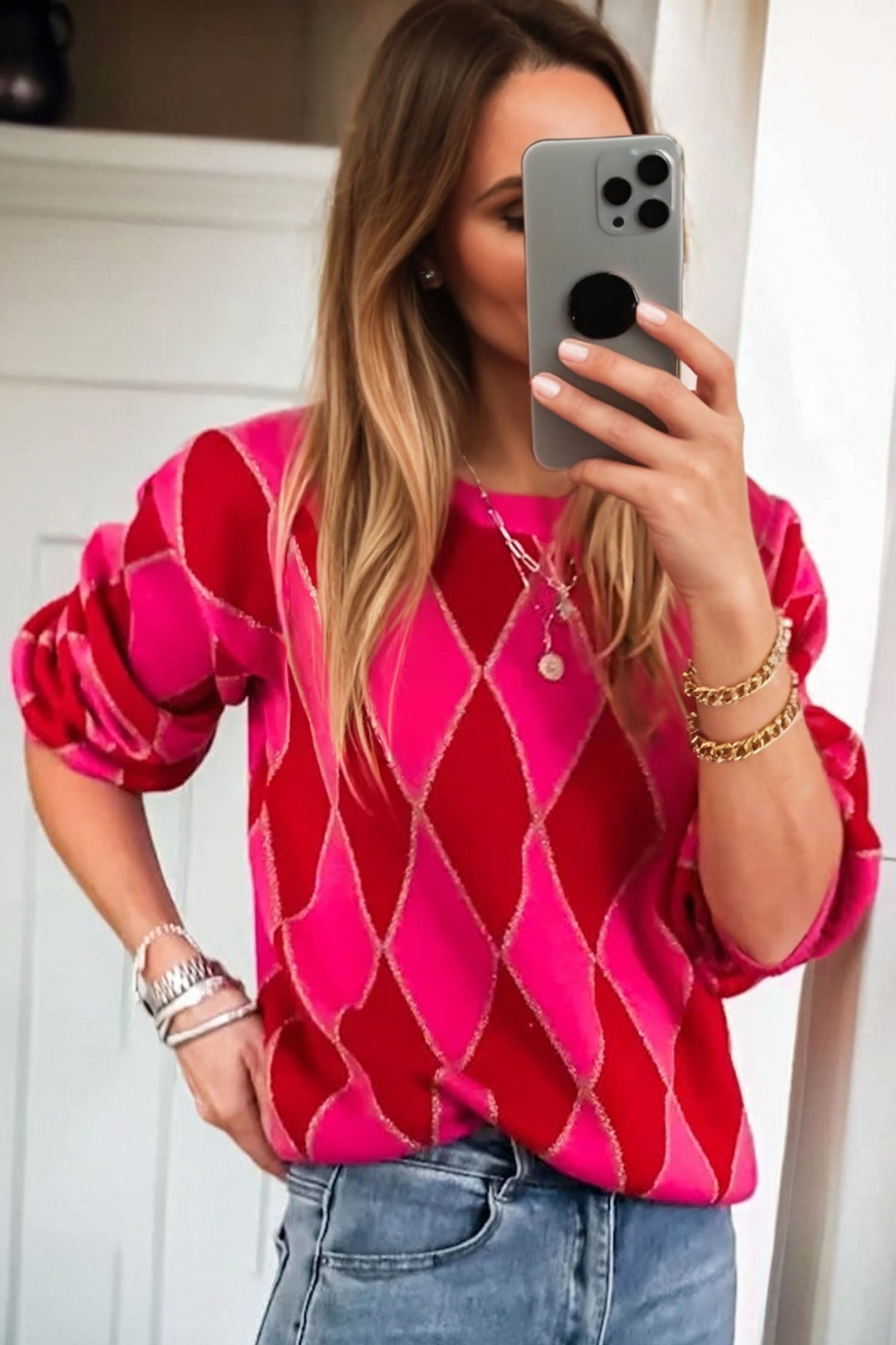 Rose Red Glitter Rhombus Pattern Knit Womens Casual Sweater-TOPS / DRESSES-[Adult]-[Female]-2022 Online Blue Zone Planet