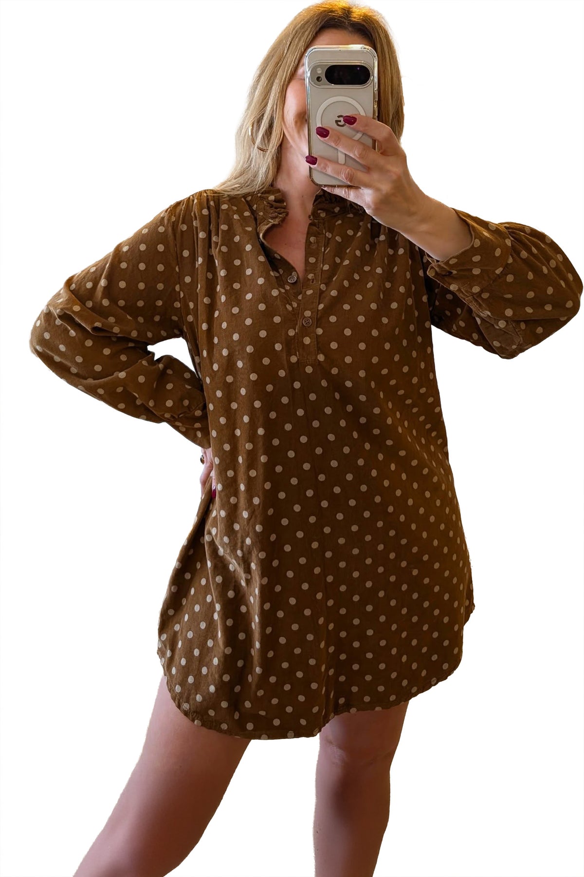 Brown Polka Dot V Neck Long Sleeve Button Shift Dress-TOPS / DRESSES-[Adult]-[Female]-2022 Online Blue Zone Planet
