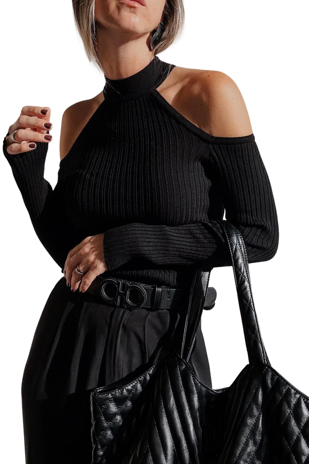 Black Ribbed Knit Cold Shoulder Choker Neck Sweater-TOPS / DRESSES-[Adult]-[Female]-2022 Online Blue Zone Planet