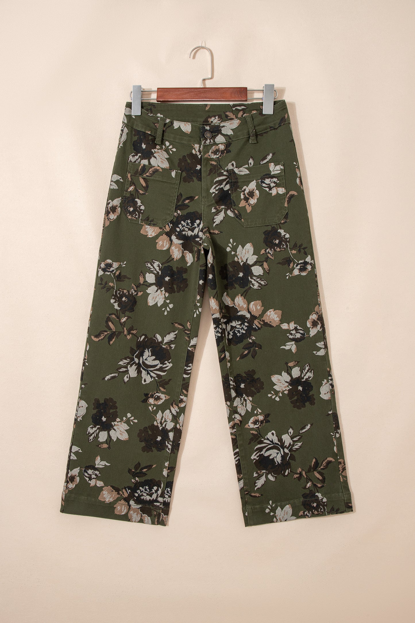 Green Vintage Floral Print Square Patch Pocket Raw Hem Shift Jeans-Bottoms/Jeans-[Adult]-[Female]-2022 Online Blue Zone Planet