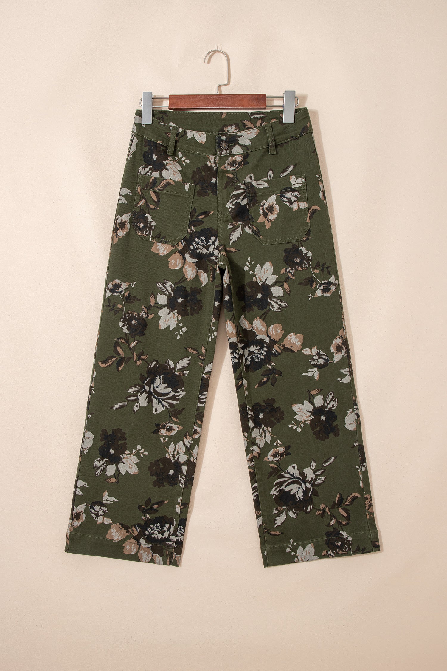 Green Vintage Floral Print Square Patch Pocket Raw Hem Shift Jeans-Bottoms/Jeans-[Adult]-[Female]-2022 Online Blue Zone Planet
