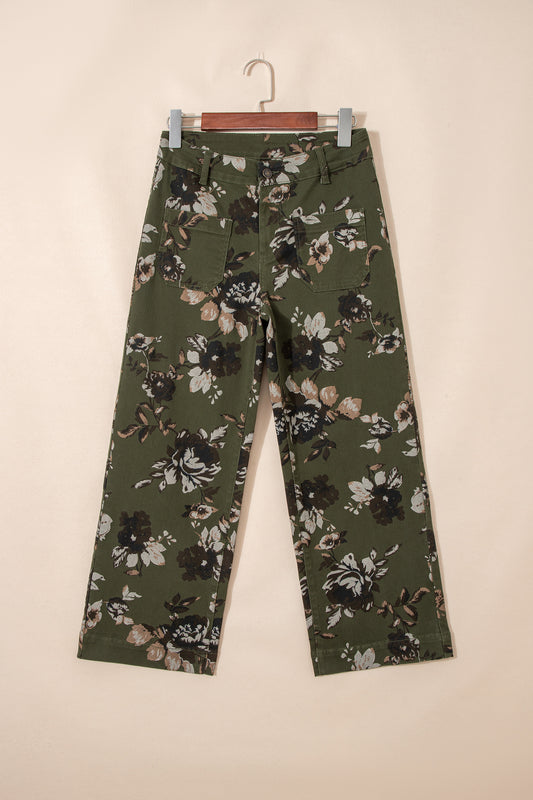 Green Vintage Floral Print Square Patch Pocket Raw Hem Shift Jeans-Bottoms/Jeans-[Adult]-[Female]-2022 Online Blue Zone Planet
