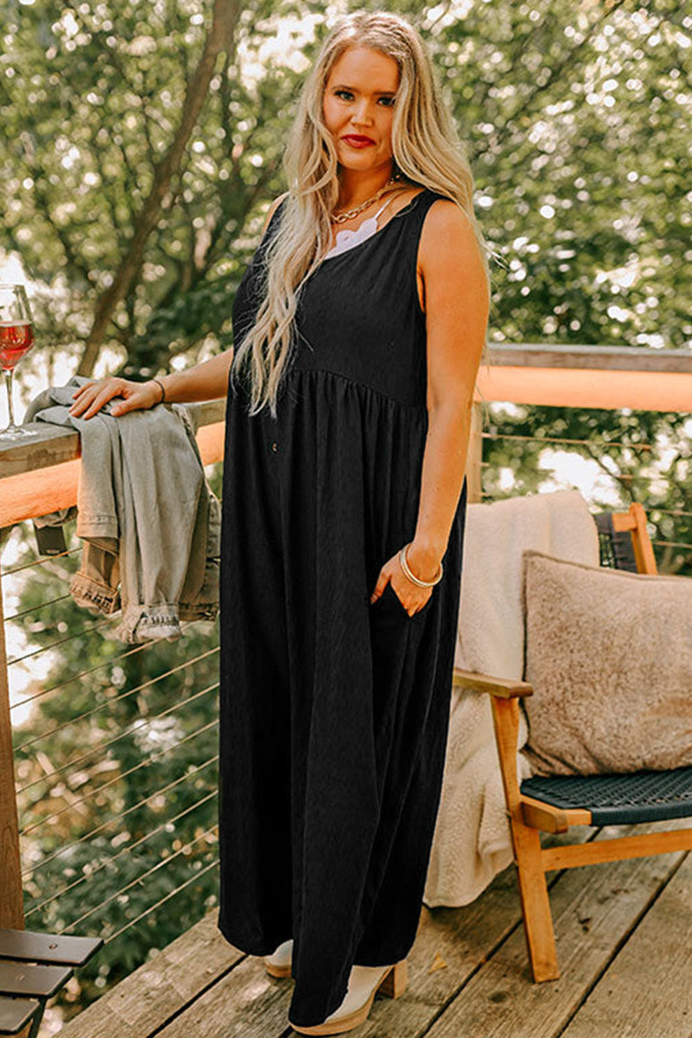 Black Plus Size Sleeveless Button Front Loose Jumpsuit-Plus Size/Plus Size Bottoms-[Adult]-[Female]-2022 Online Blue Zone Planet