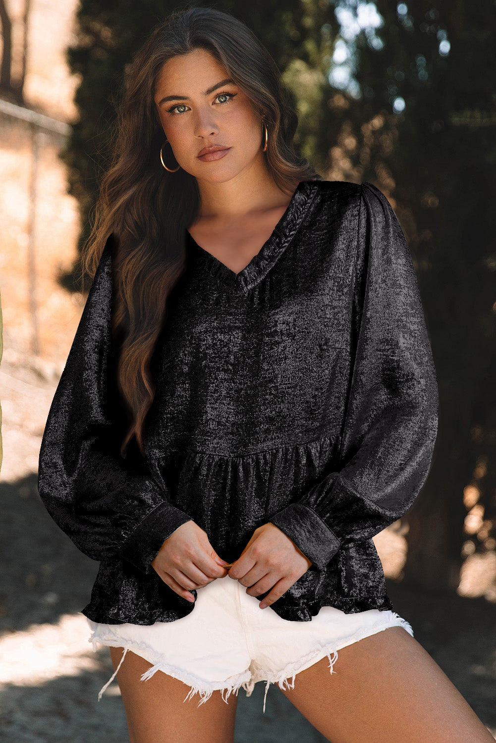 Black Metallic Frilled V Neck Puff Sleeve Babydoll Blouse-Tops/Blouses & Shirts-[Adult]-[Female]-Black-S-2022 Online Blue Zone Planet