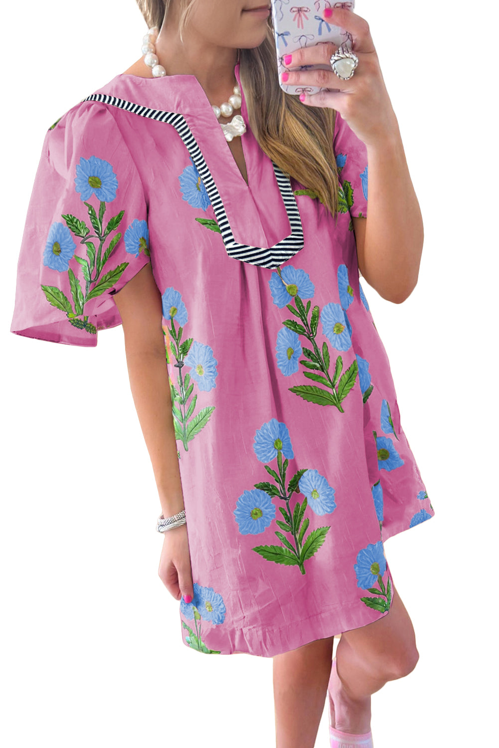 Rose Floral Short Sleeve Split Neck Loose Mini Dress-TOPS / DRESSES-[Adult]-[Female]-2022 Online Blue Zone Planet