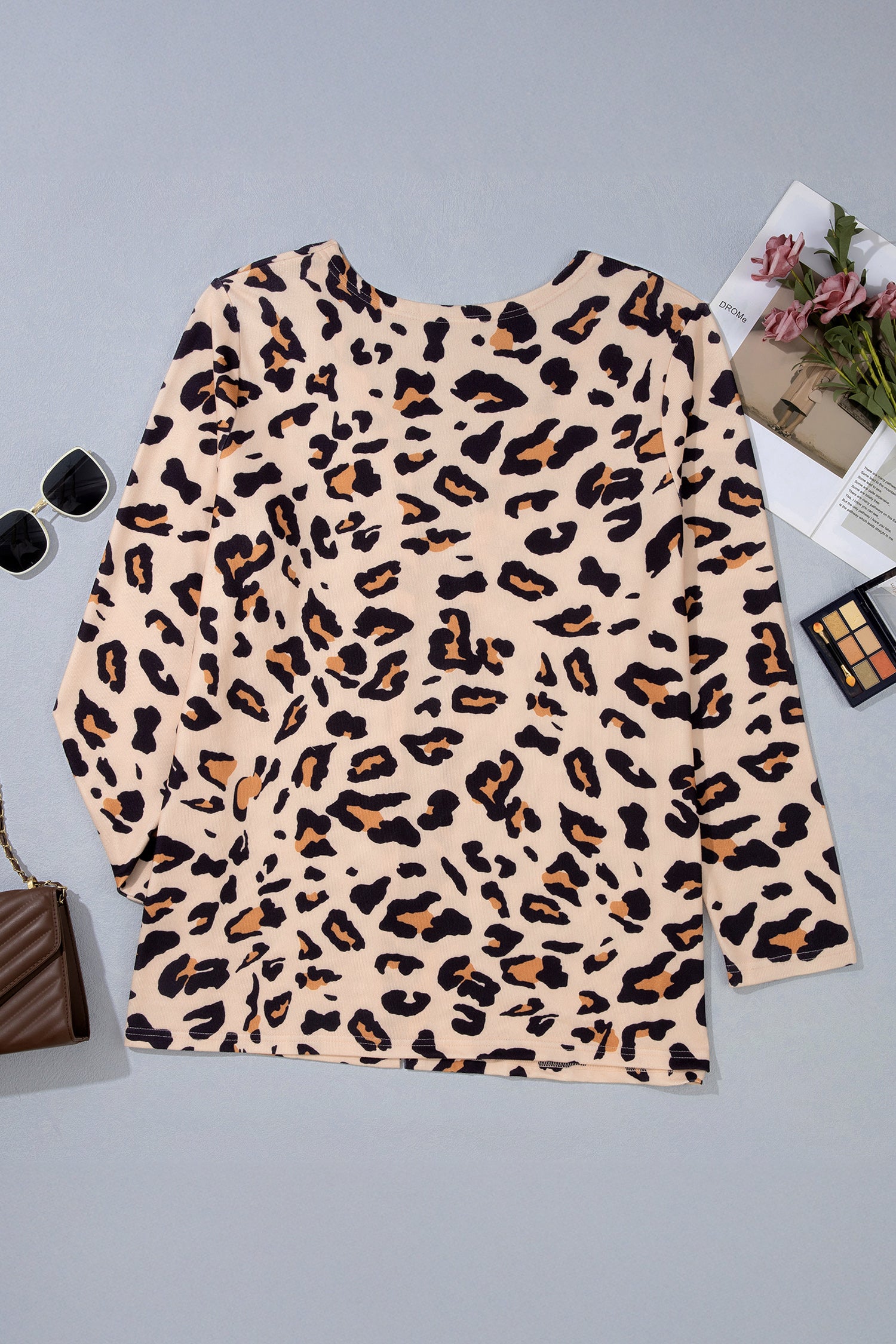 Khaki Leopard Print Long Sleeve V Neck Tunic Plus Size Cardigan-Plus Size/Plus Size Outerwear-[Adult]-[Female]-2022 Online Blue Zone Planet