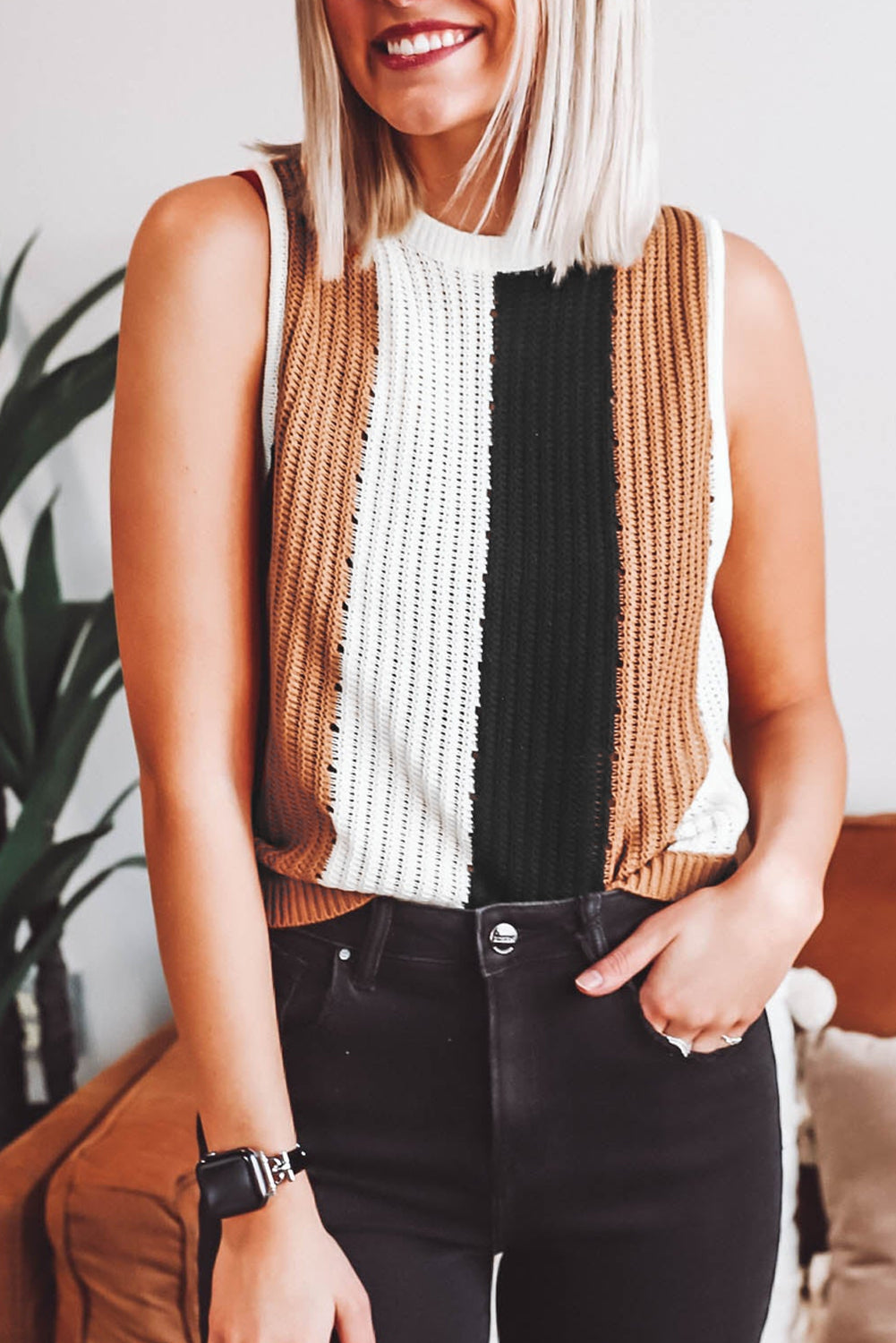 Khaki Stripe Color Block Sleeveless Knitted Sweater Vest-Sweaters & Cardigans/Sweater Vests-[Adult]-[Female]-2022 Online Blue Zone Planet