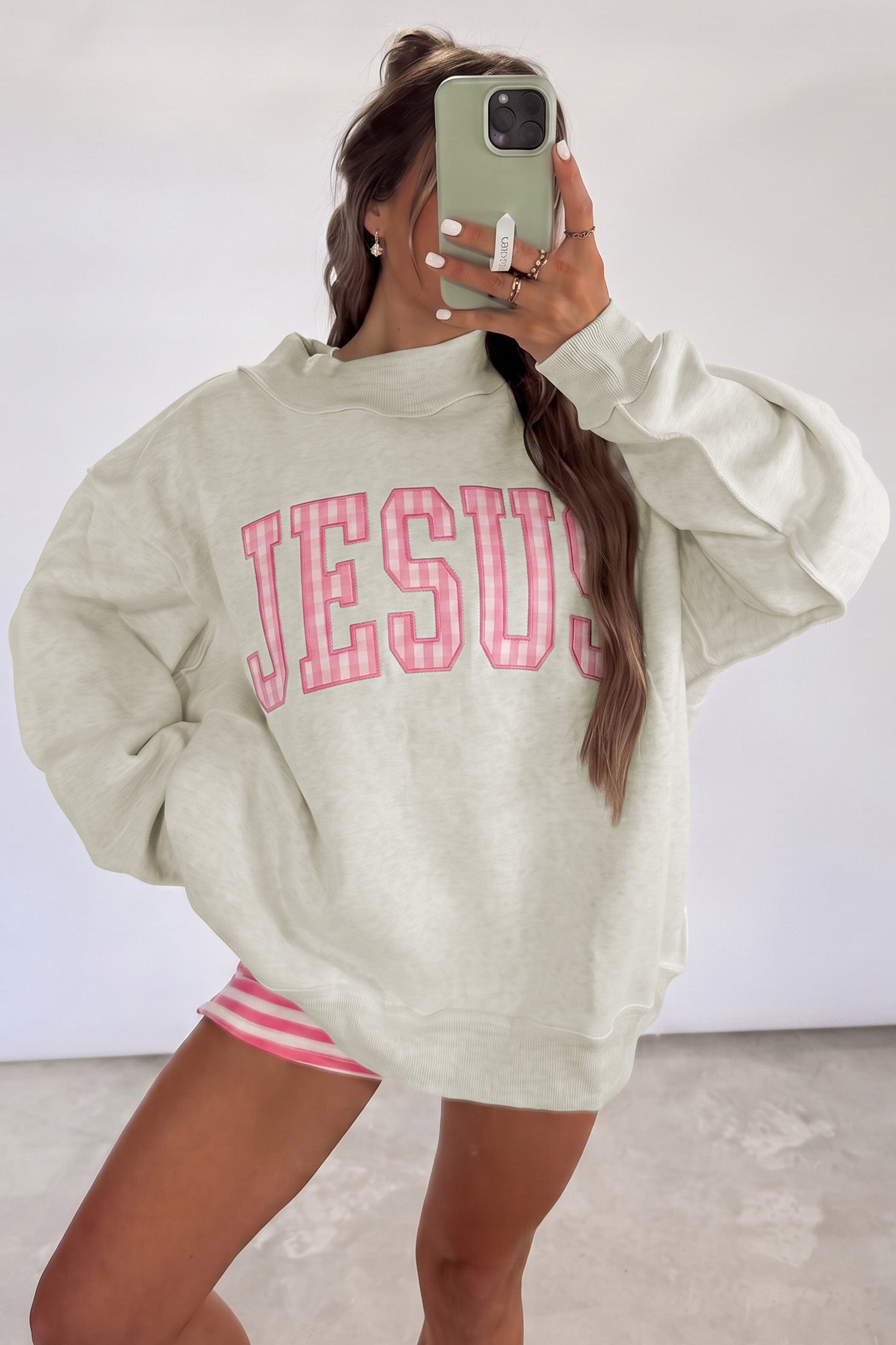 Gray High Neck Polka Dot Slogan Printed Baggy Sweatshirt-Tops/Sweatshirts & Hoodies-[Adult]-[Female]-2022 Online Blue Zone Planet