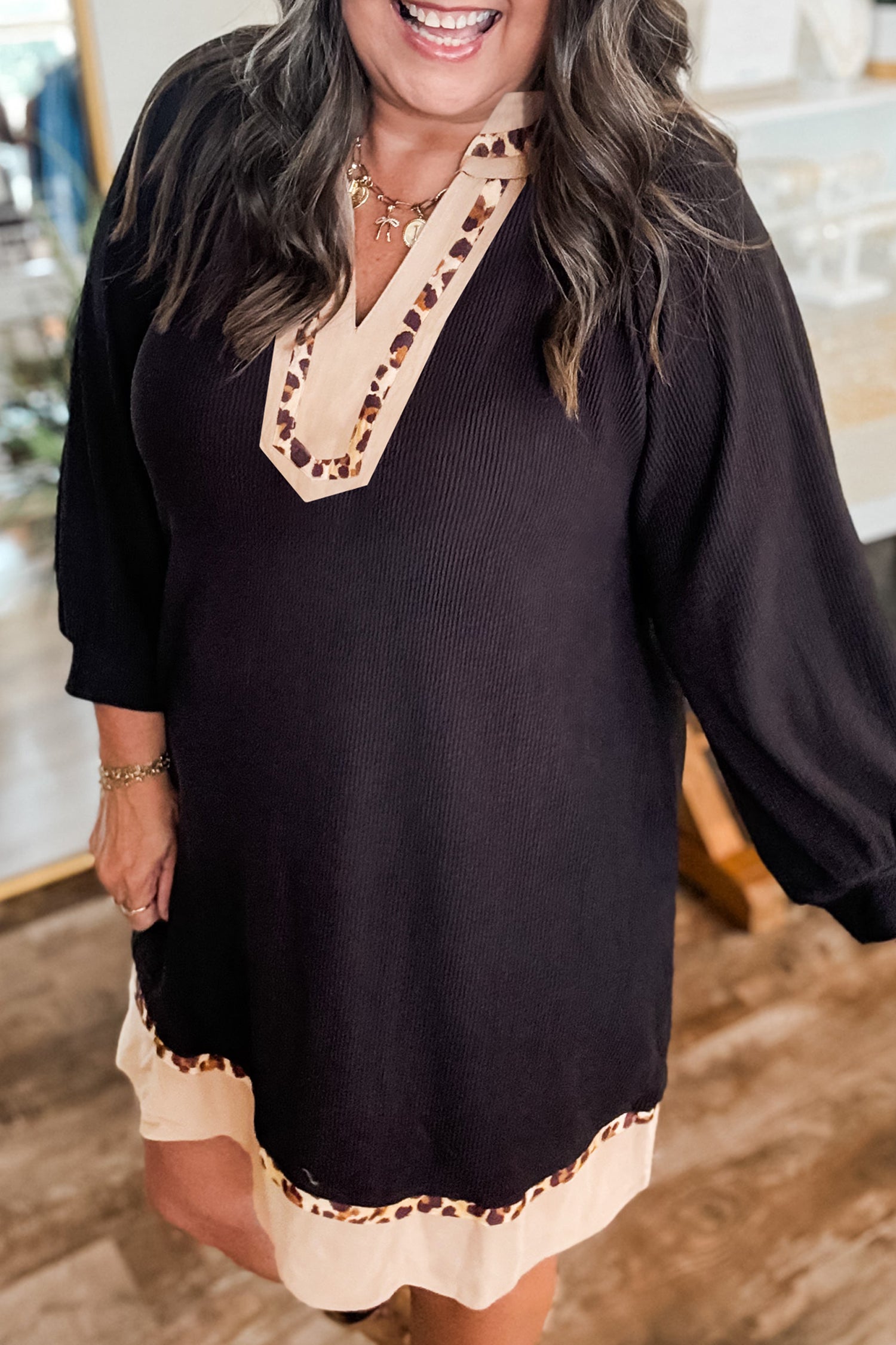 Black Contrast Color Block Leopard Trim Plus Size Ribbed Dress-TOPS / DRESSES-[Adult]-[Female]-Black-1X-2022 Online Blue Zone Planet