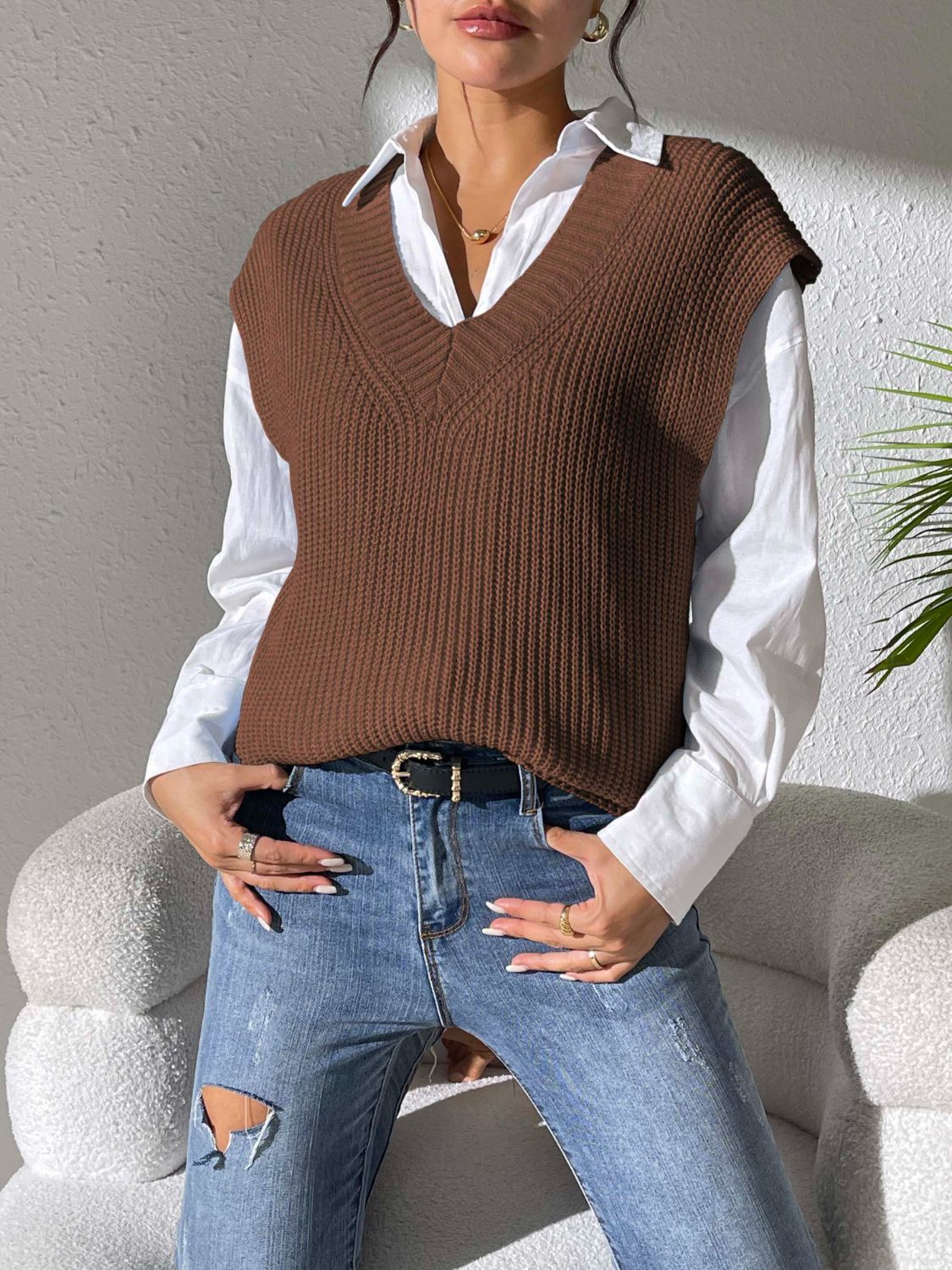 Blue Zone Planet | V-Neck Sweater Vest-TOPS / DRESSES-[Adult]-[Female]-Chocolate-One Size-2022 Online Blue Zone Planet