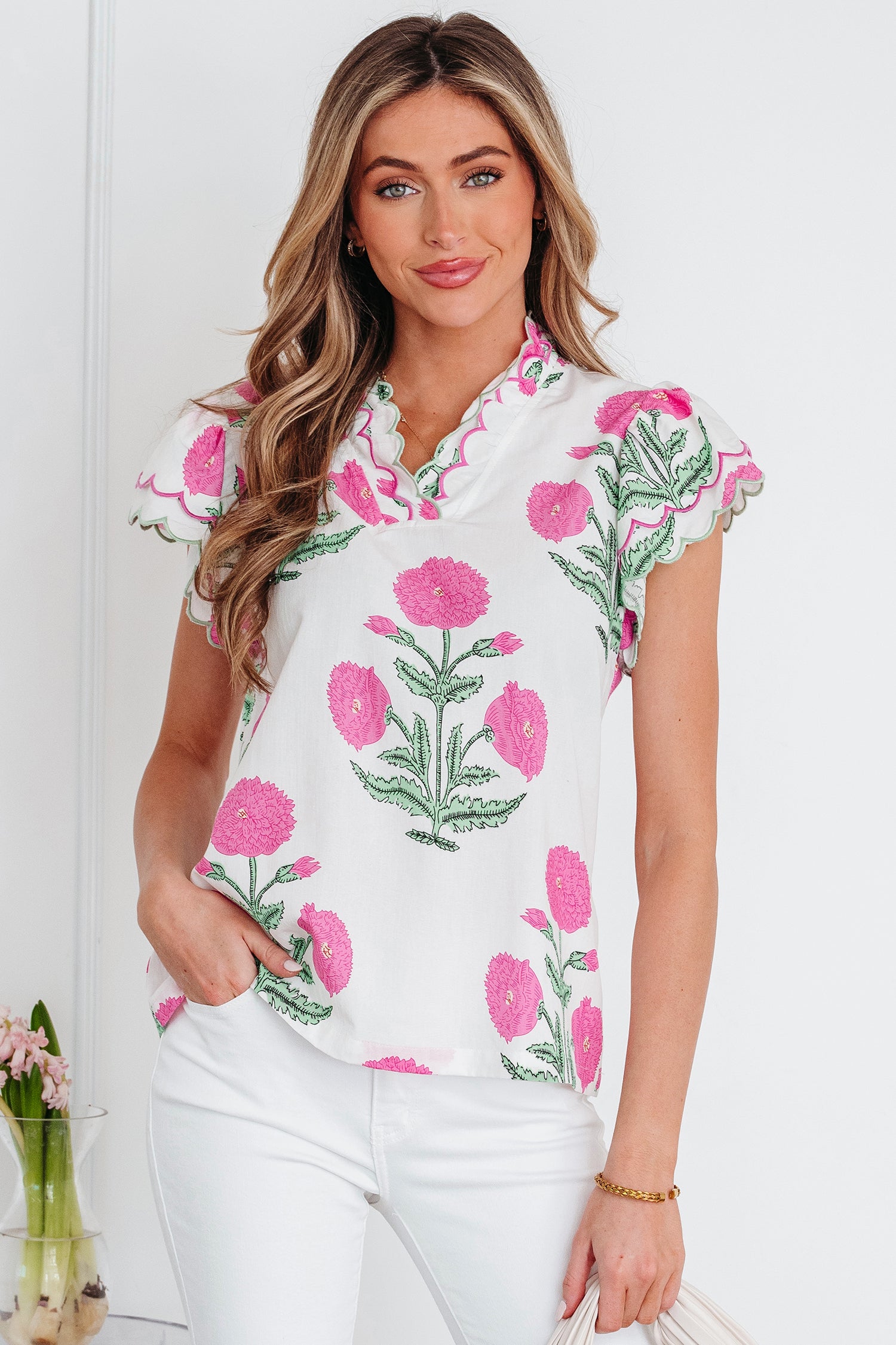 Pink Wild Flower Print Contrast Trim Scallop Detail Short Sleeve Blouse-Tops/Blouses & Shirts-[Adult]-[Female]-2022 Online Blue Zone Planet