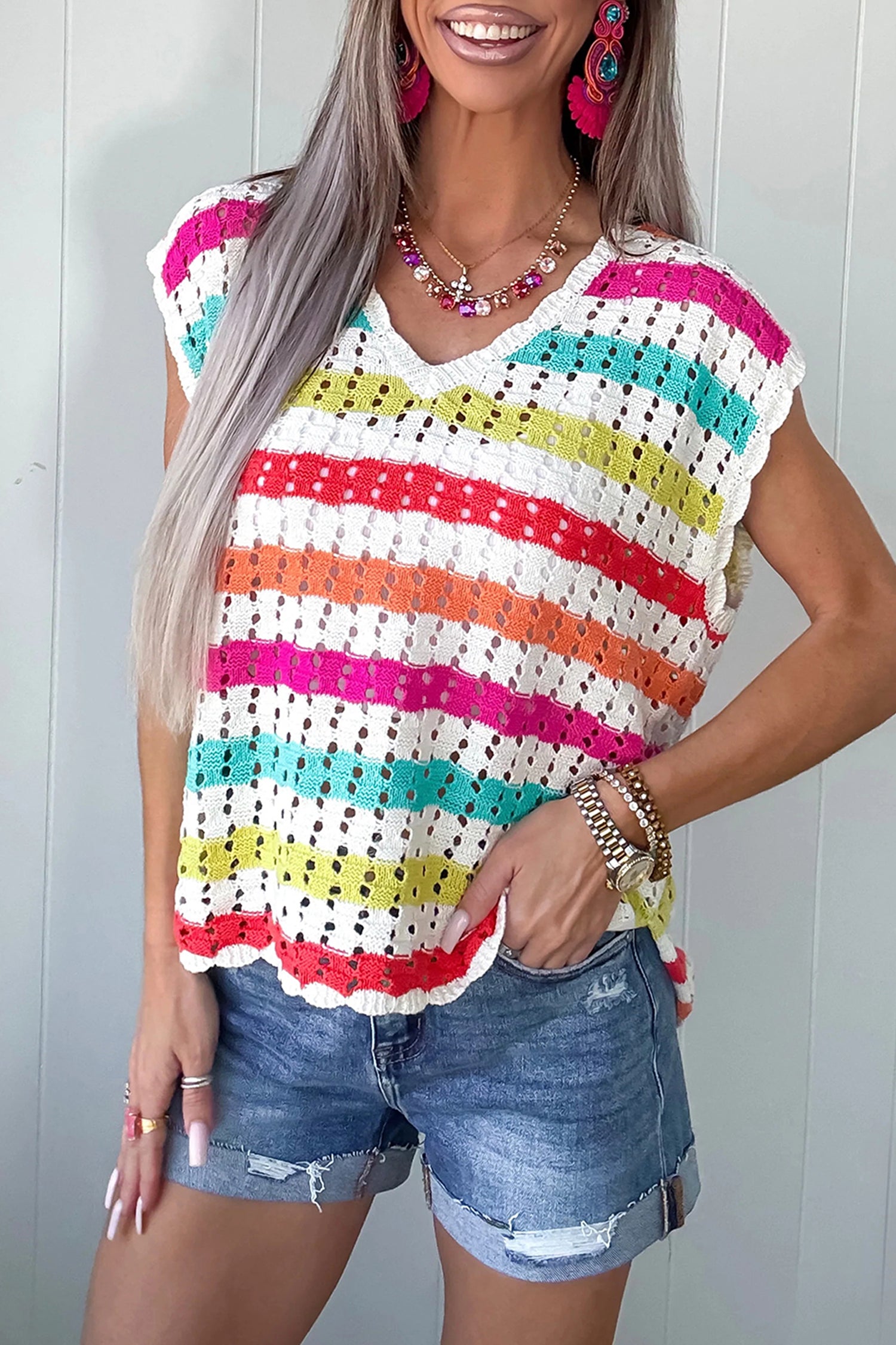 Multicolour Striped Eyelet Knit V Neck Sweater Tee-TOPS / DRESSES-[Adult]-[Female]-2022 Online Blue Zone Planet