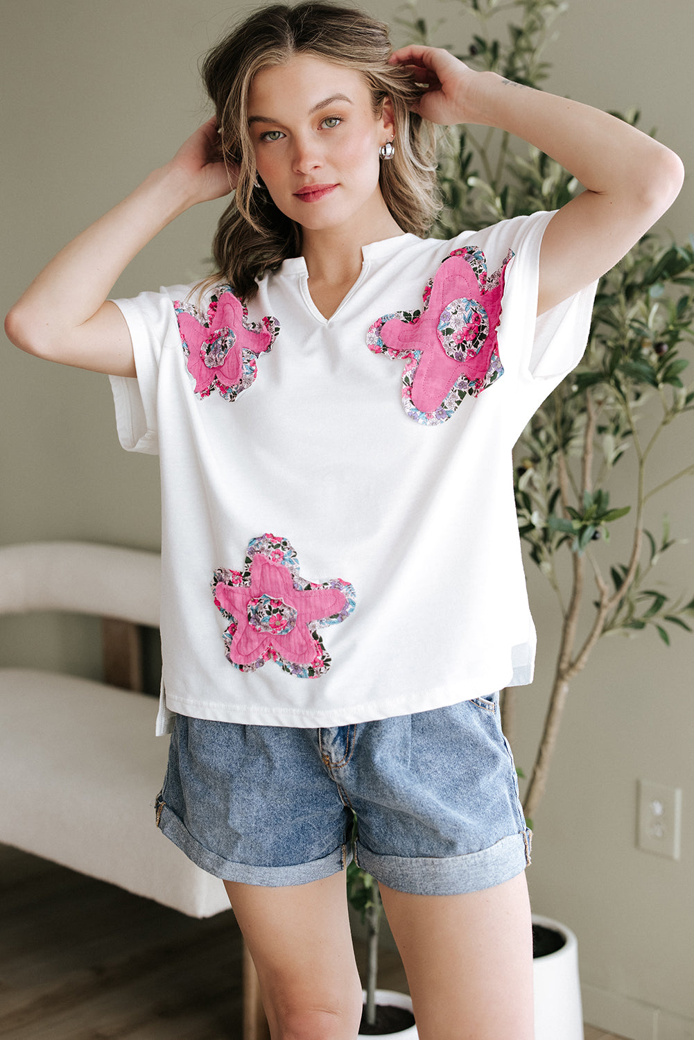 White Floral Applique Notched V Neck Dolman Sleeve Top-Tops/Tops & Tees-[Adult]-[Female]-2022 Online Blue Zone Planet