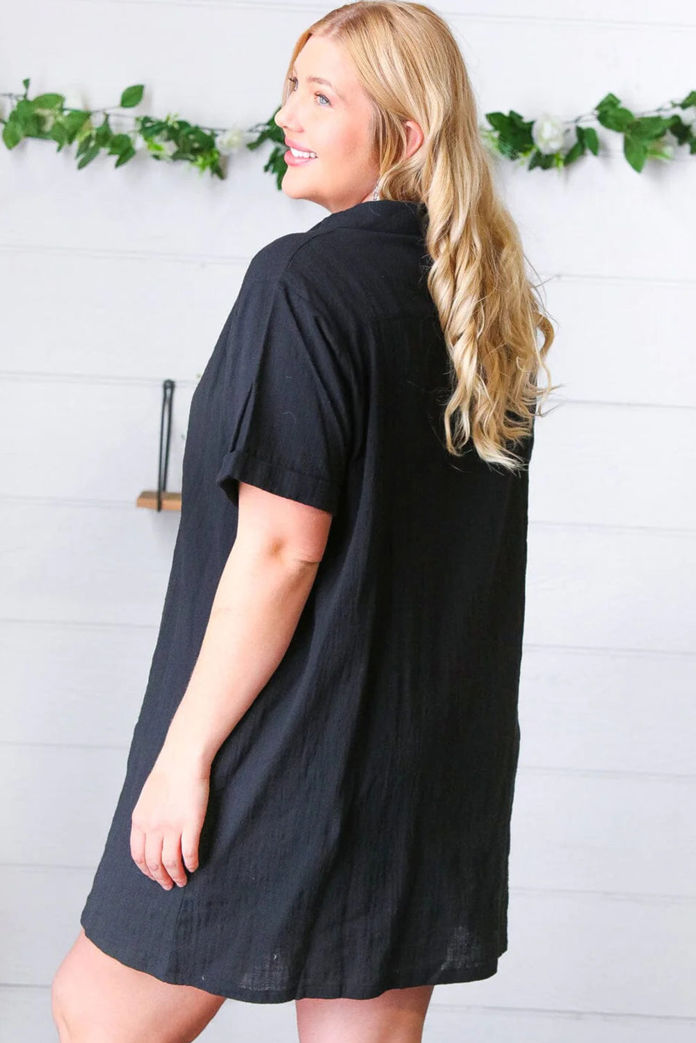 Black Plus Size Shirt Collar Buttoned Short Sleeve Shift Dress-TOPS / DRESSES-[Adult]-[Female]-2022 Online Blue Zone Planet