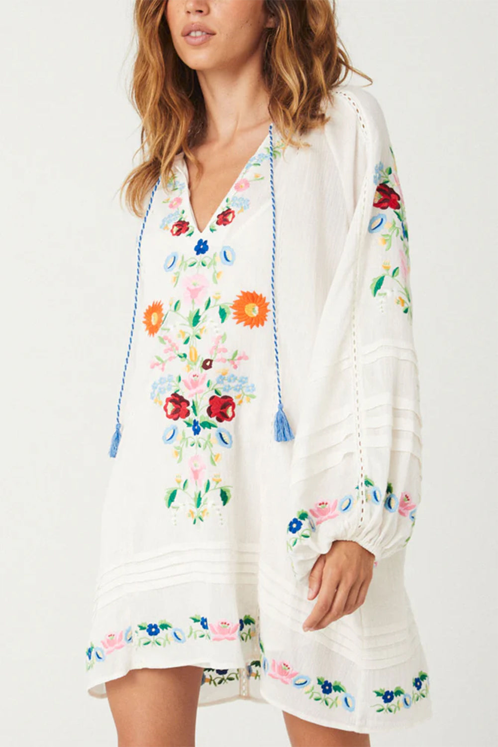 Blue Zone Planet | White Boho Floral Tassel Tie V Neck Mini Dress-TOPS / DRESSES-[Adult]-[Female]-2022 Online Blue Zone Planet