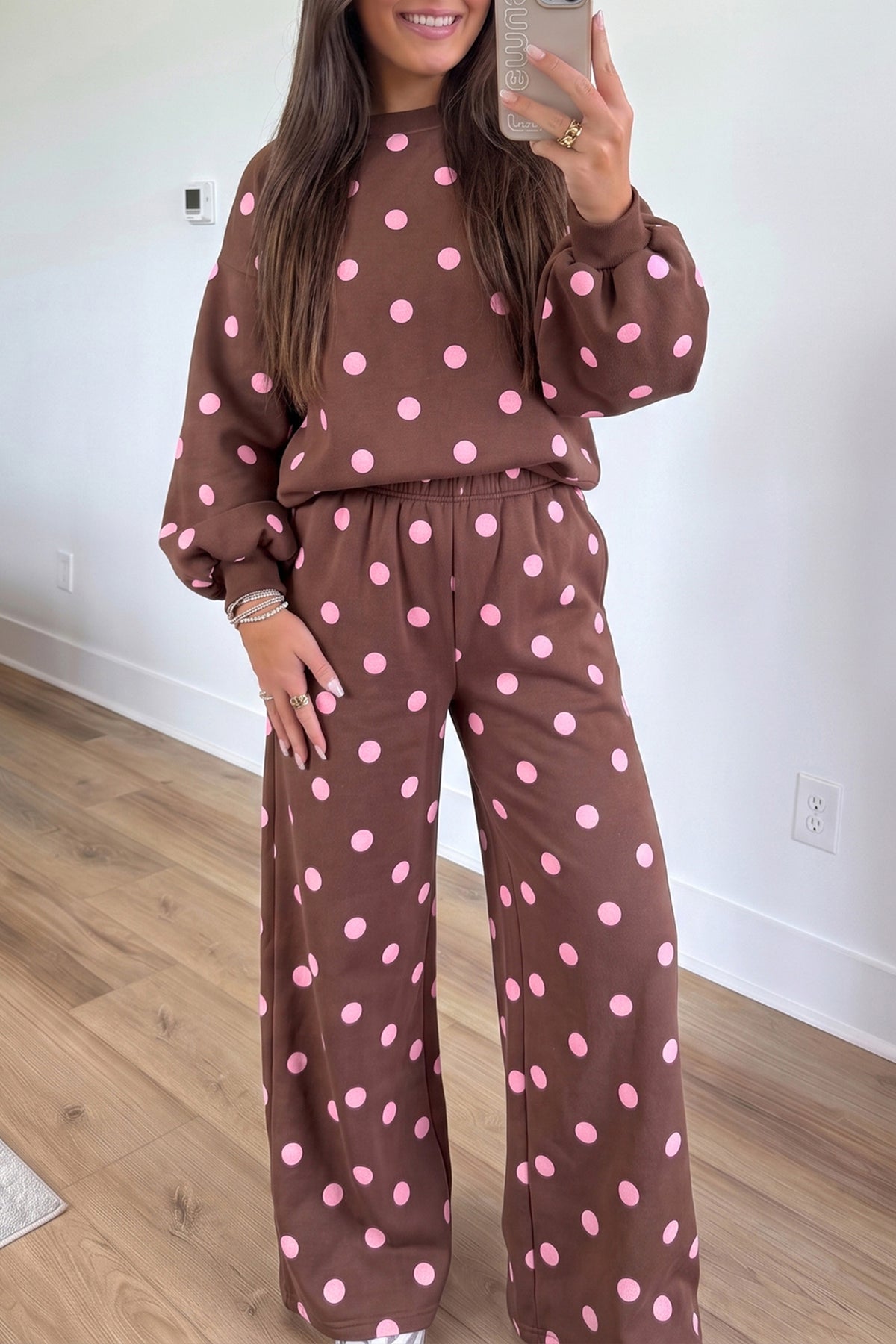 Pink Polka Dot Puff Sleeve Top Casual Pants 2pcs Set-Two Piece Sets/Pant Sets-[Adult]-[Female]-Brown-S-2022 Online Blue Zone Planet