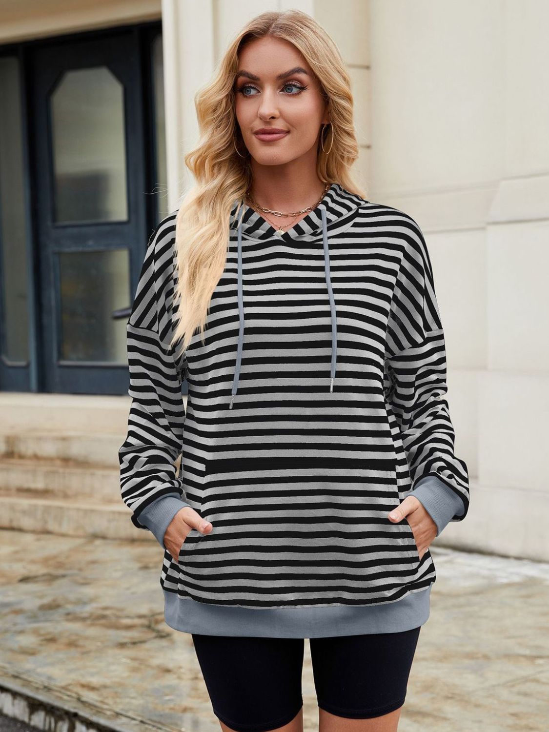 Drawstring Contrast Striped Long Sleeve Hoodie-TOPS / DRESSES-[Adult]-[Female]-Black-S-2022 Online Blue Zone Planet