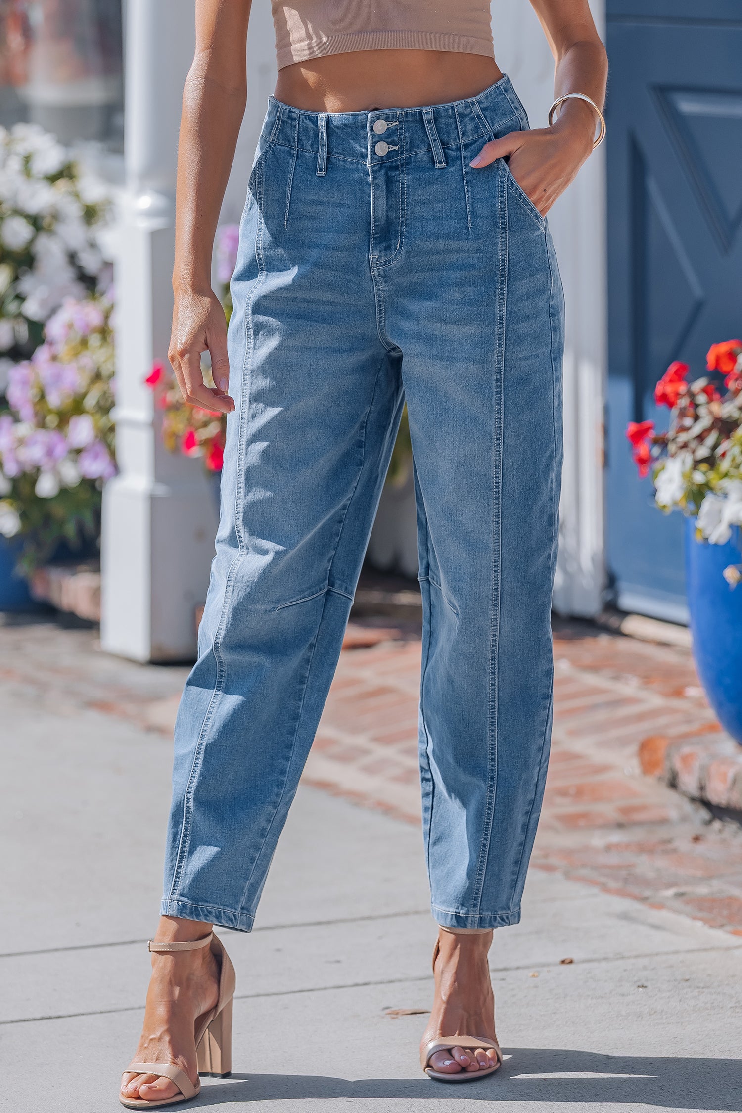 Sky Blue Medium Wash Cuffed Barrel Jeans-TOPS / DRESSES-[Adult]-[Female]-2022 Online Blue Zone Planet