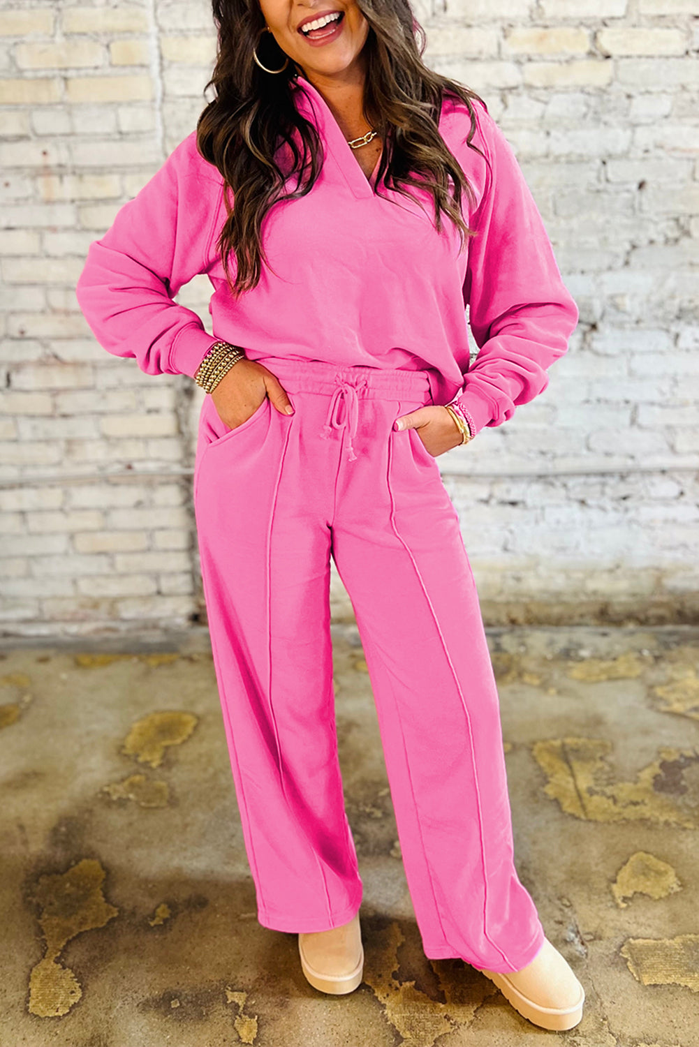 Sachet Pink Solid Color Collared Pullover and Central Seam Pants Set-Two Piece Sets/Pant Sets-[Adult]-[Female]-Sachet Pink-S-2022 Online Blue Zone Planet
