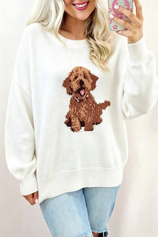 White Cozy Dog Print Dropped Shoulder Relaxed Sweater-TOPS / DRESSES-[Adult]-[Female]-White-S-2022 Online Blue Zone Planet