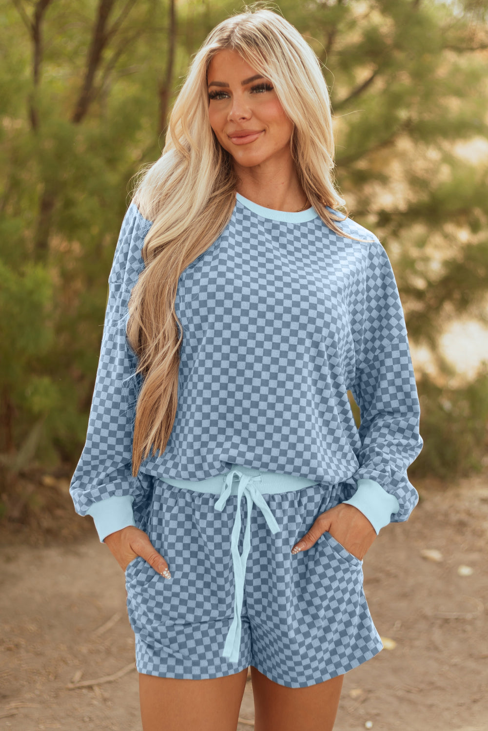 Sky Blue Checkerboard Long Sleeve Pullover and Shorts Set-Two Piece Sets/Short Sets-[Adult]-[Female]-2022 Online Blue Zone Planet