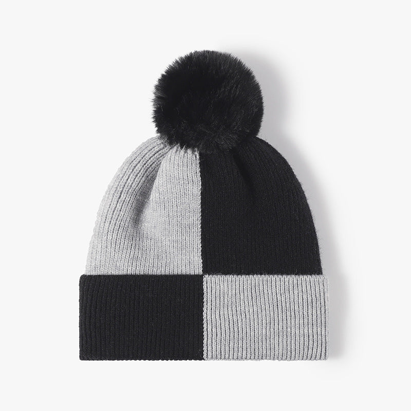 Color Block Knit Hat with Pom-pom-HATS-[Adult]-[Female]-Black-One Size-2022 Online Blue Zone Planet